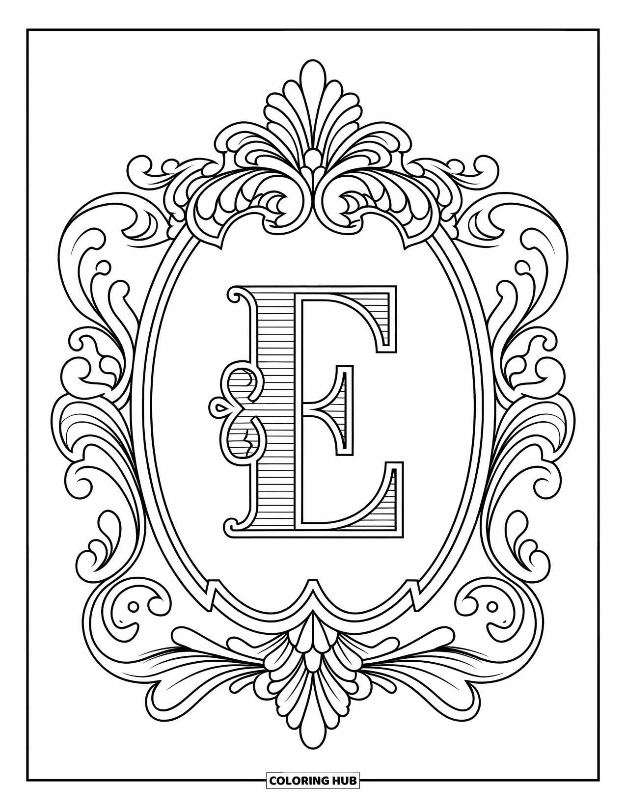 Letter E Coloring Page for Adults: A baroque frame surrounds a decorative E with swirling scroll details
