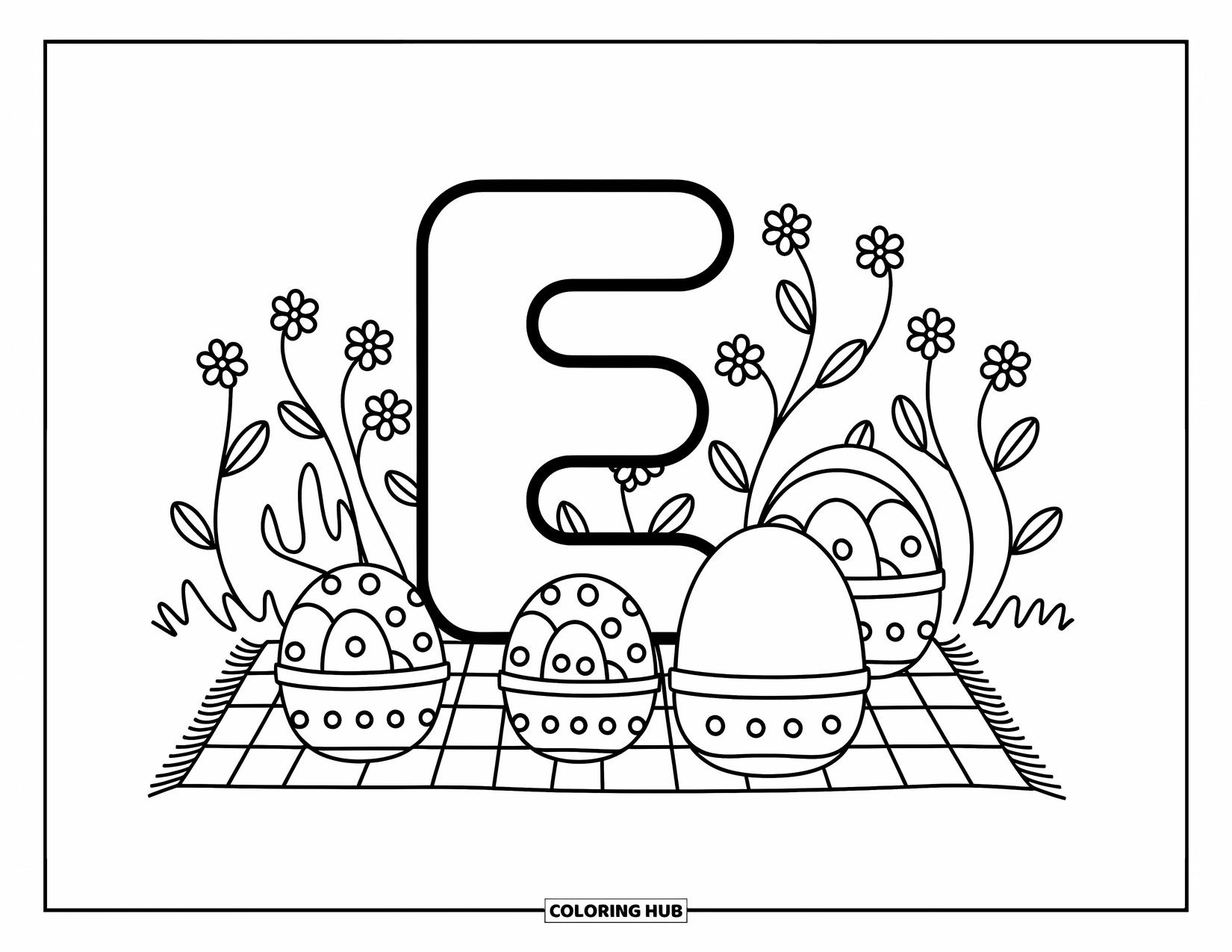 Letter E Coloring Page for Adults: A big kawaii E sits on a picnic blanket surrounded by egg baskets and swaying flowers