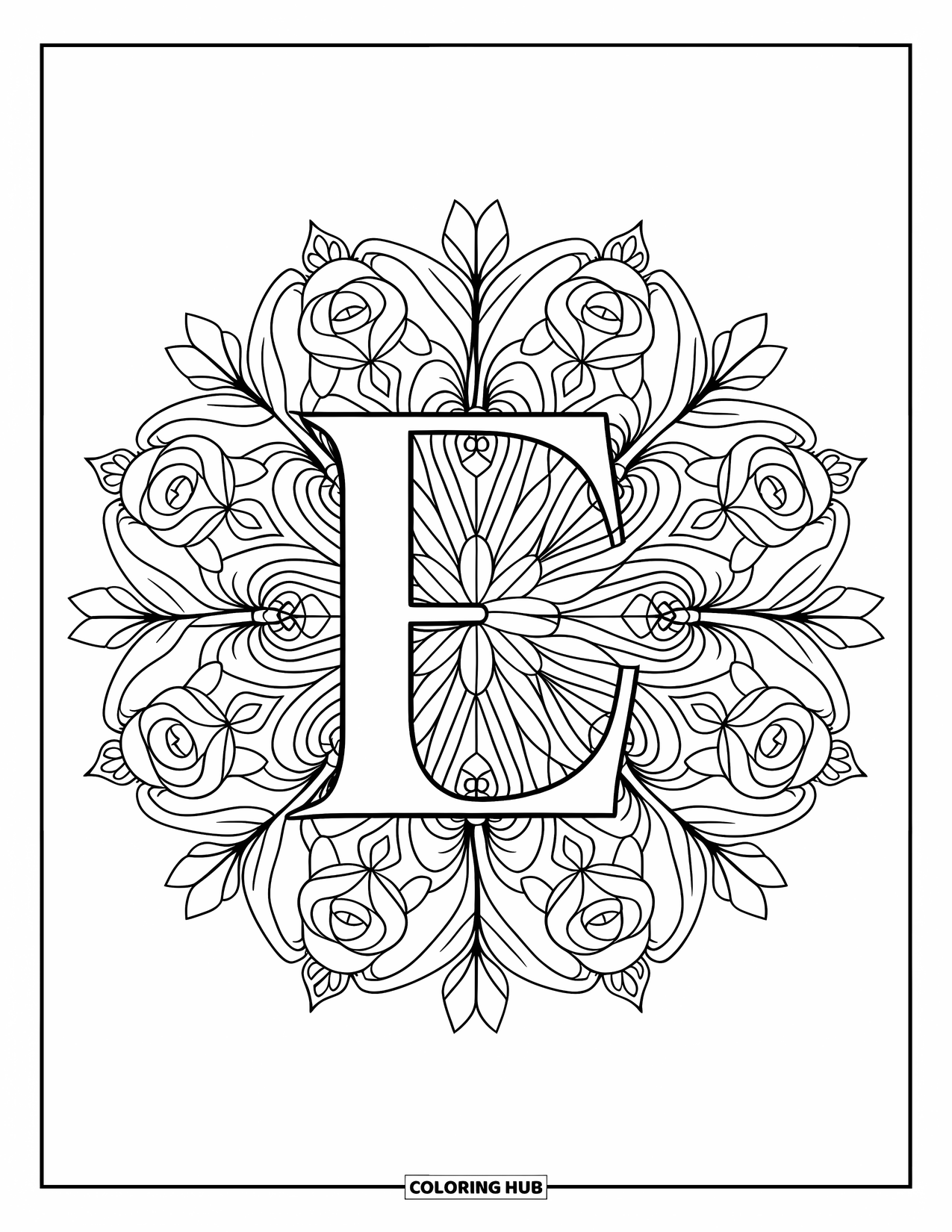 Letter E Coloring Page for Adults: A floral mandala of roses and leaves frames a graceful letter E
