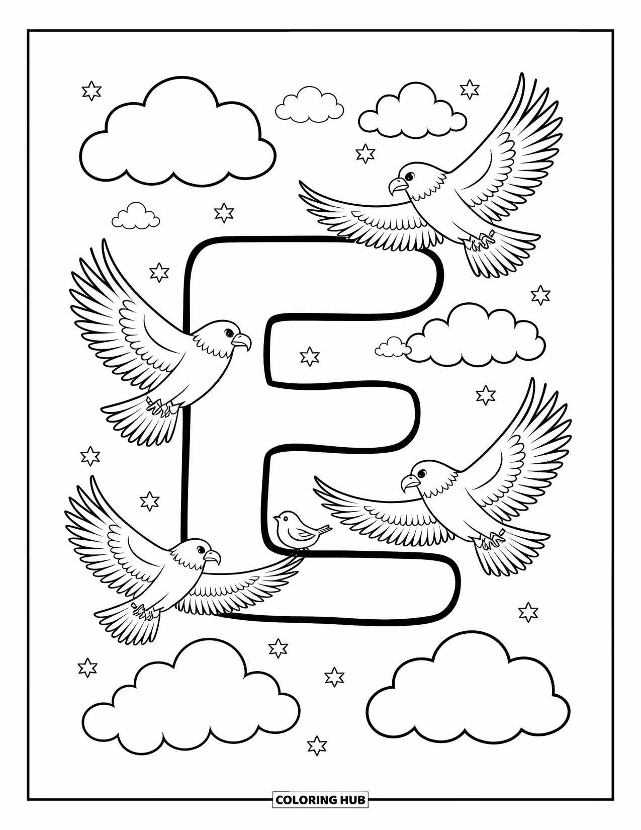 Letter E Coloring Page for Adults: A giant E floats in the clouds with soaring eagles and birds resting on its curves