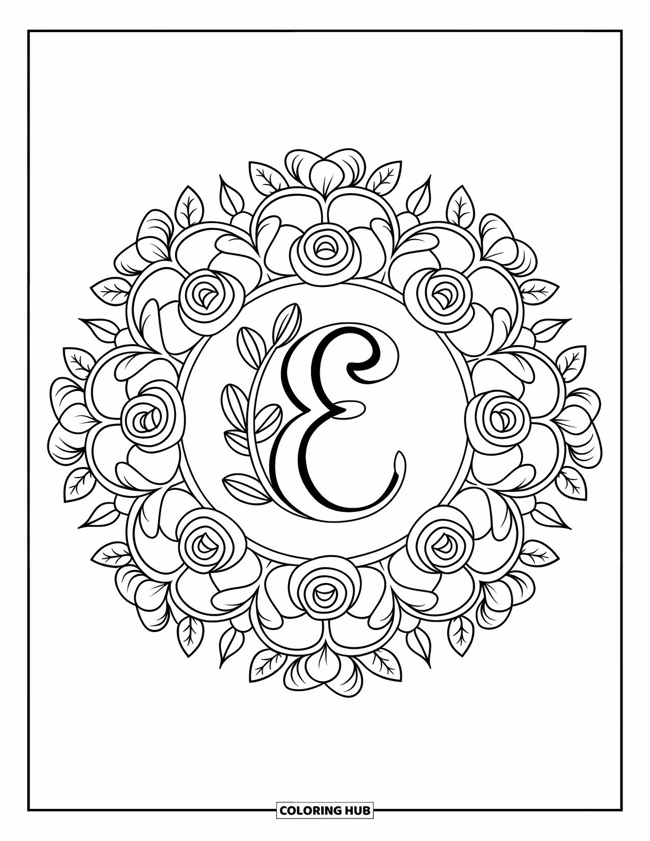 Letter E Coloring Page for Adults: A graceful E sits in a mandala filled with roses and leafy vines
