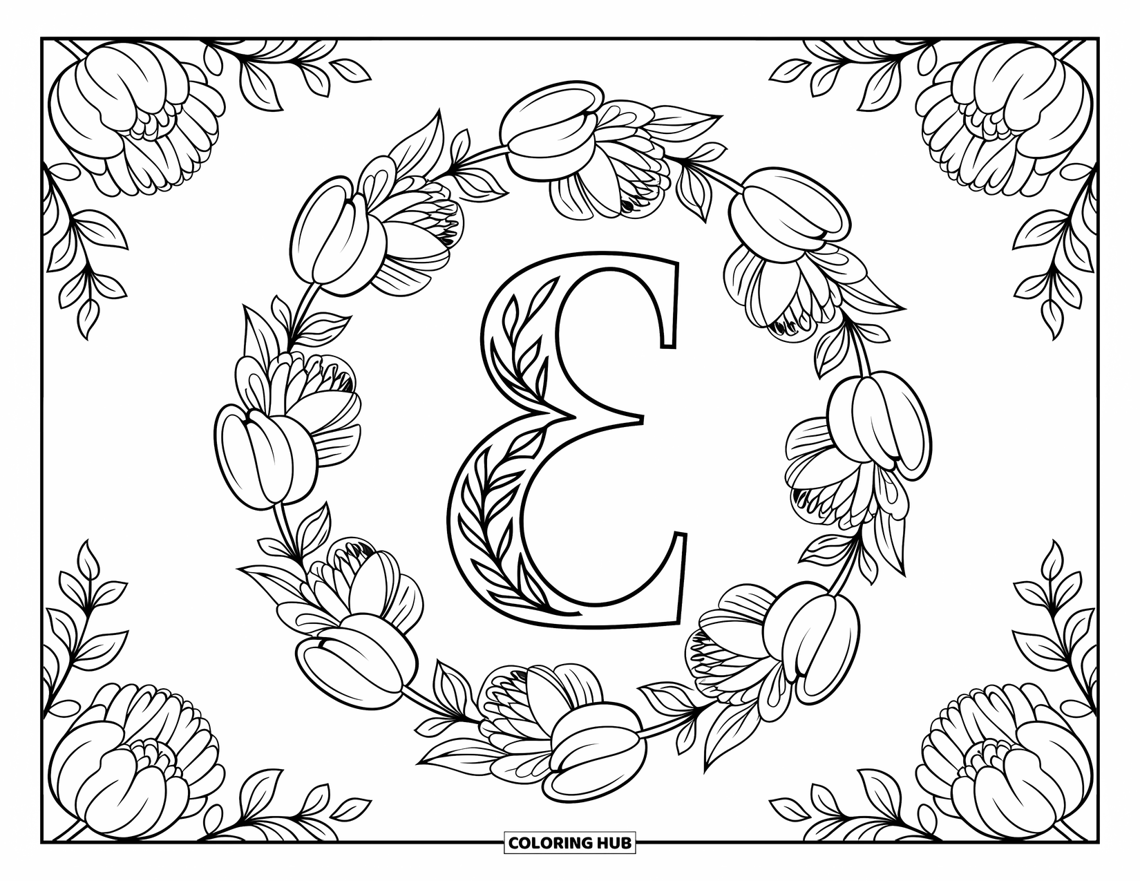 Letter E Coloring Page for Adults: A stylized E rests inside a peony-filled wreath with delicate leaves
