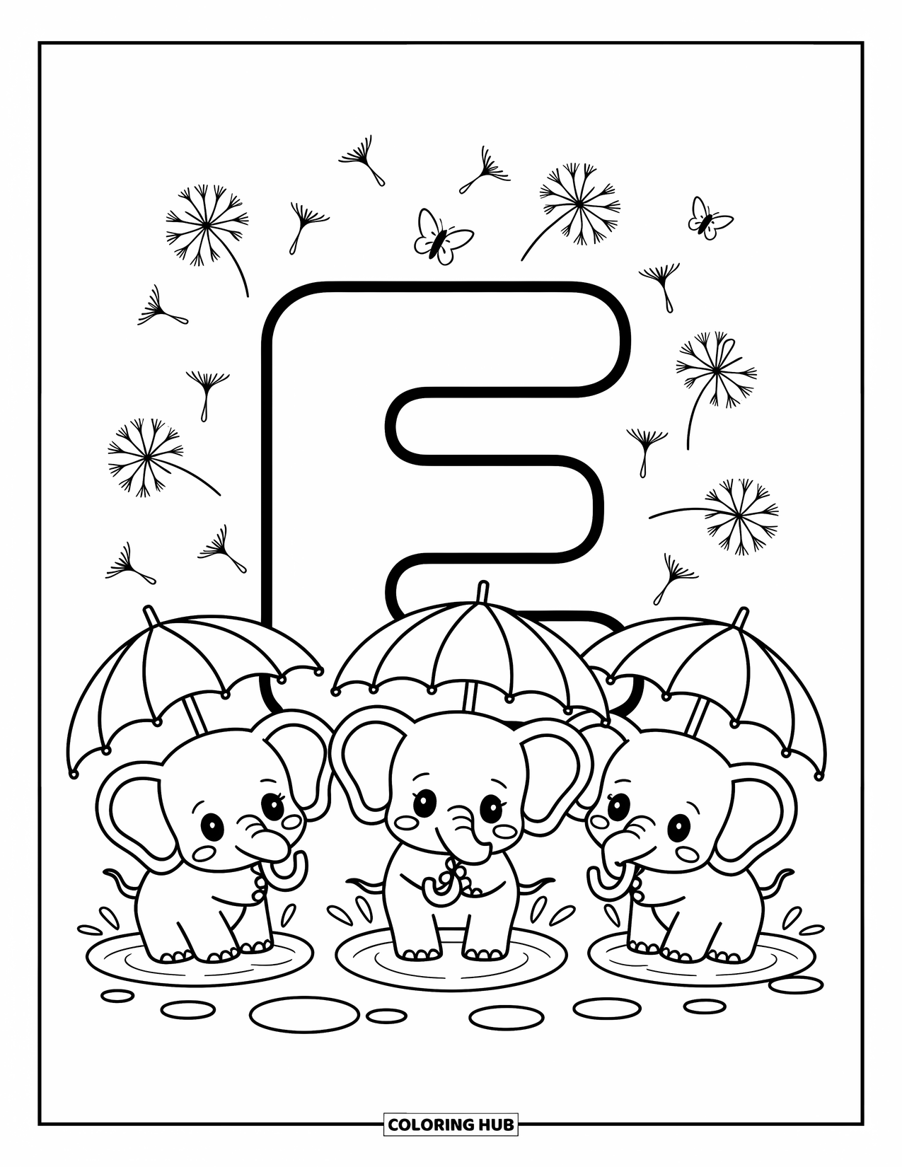 Letter E Coloring Page for Adults: Adorable elephants holding umbrellas splash by E while butterflies and dandelions float nearby