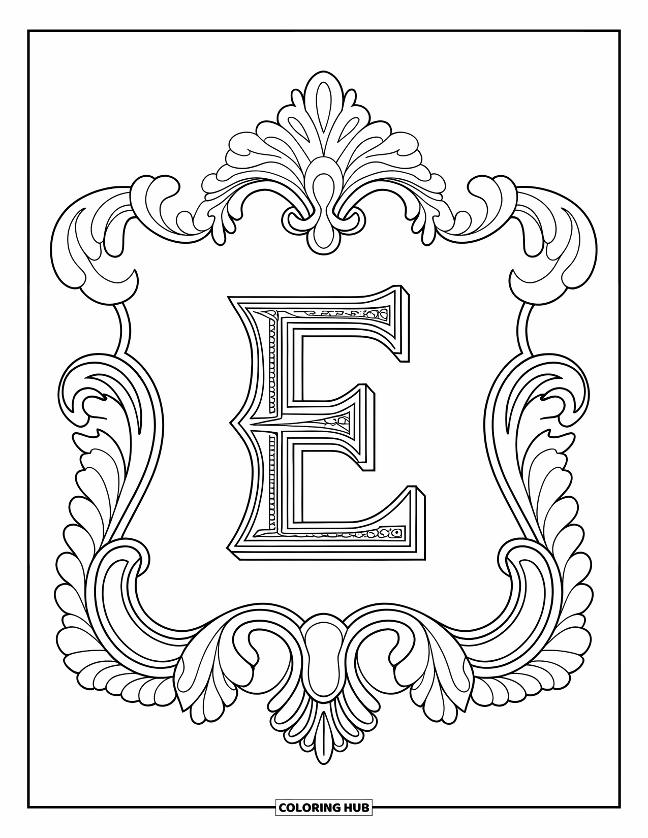 Letter E Coloring Page for Adults: An embellished E is framed in a baroque design with scrolls and leaves