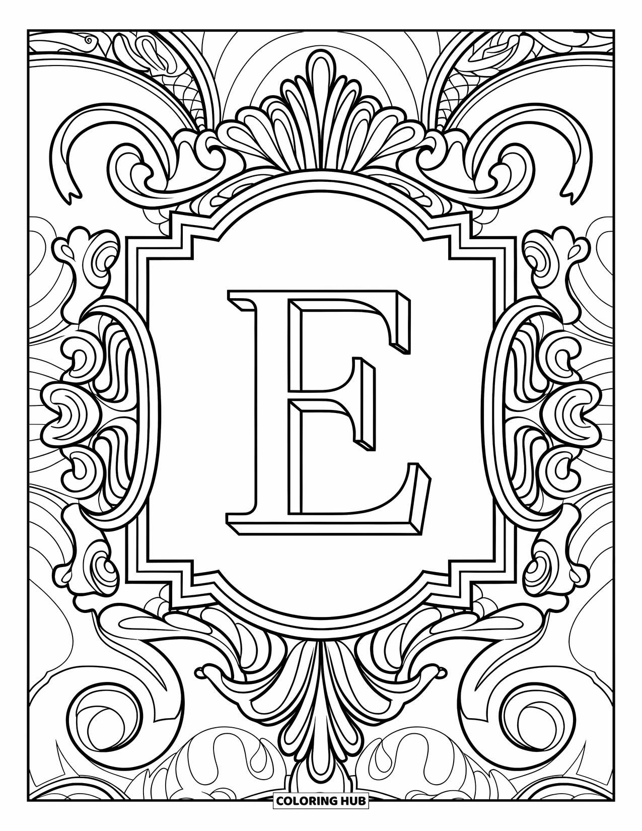 Letter E Coloring Page for Adults: Bold E sits in a detailed baroque frame filled with scrolls and acanthus