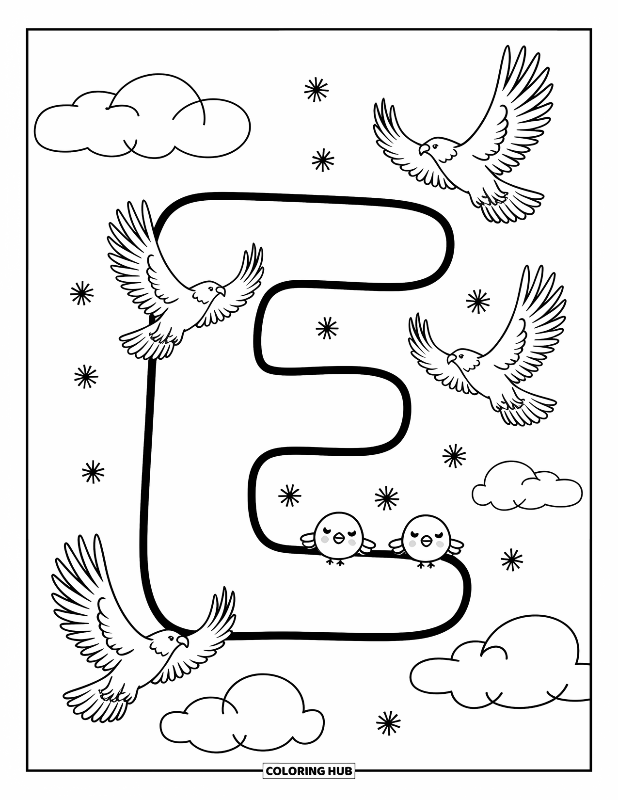 Letter E Coloring Page for Adults: E floats peacefully among clouds, birds, feathers, and expressive flying eagles