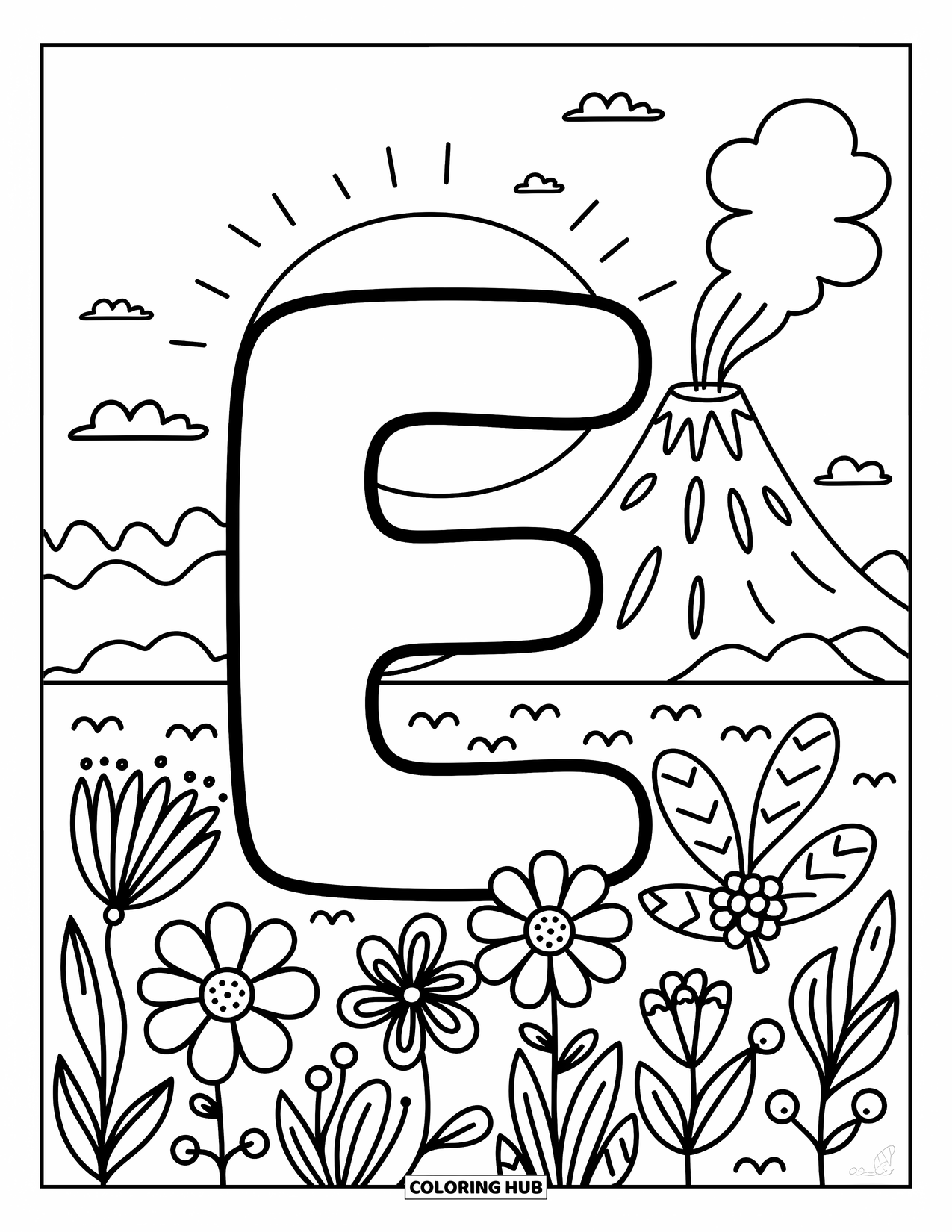 Letter E Coloring Page for Adults: E glows in twilight near a smoking volcano, cute flowers, and flying explorer planes
