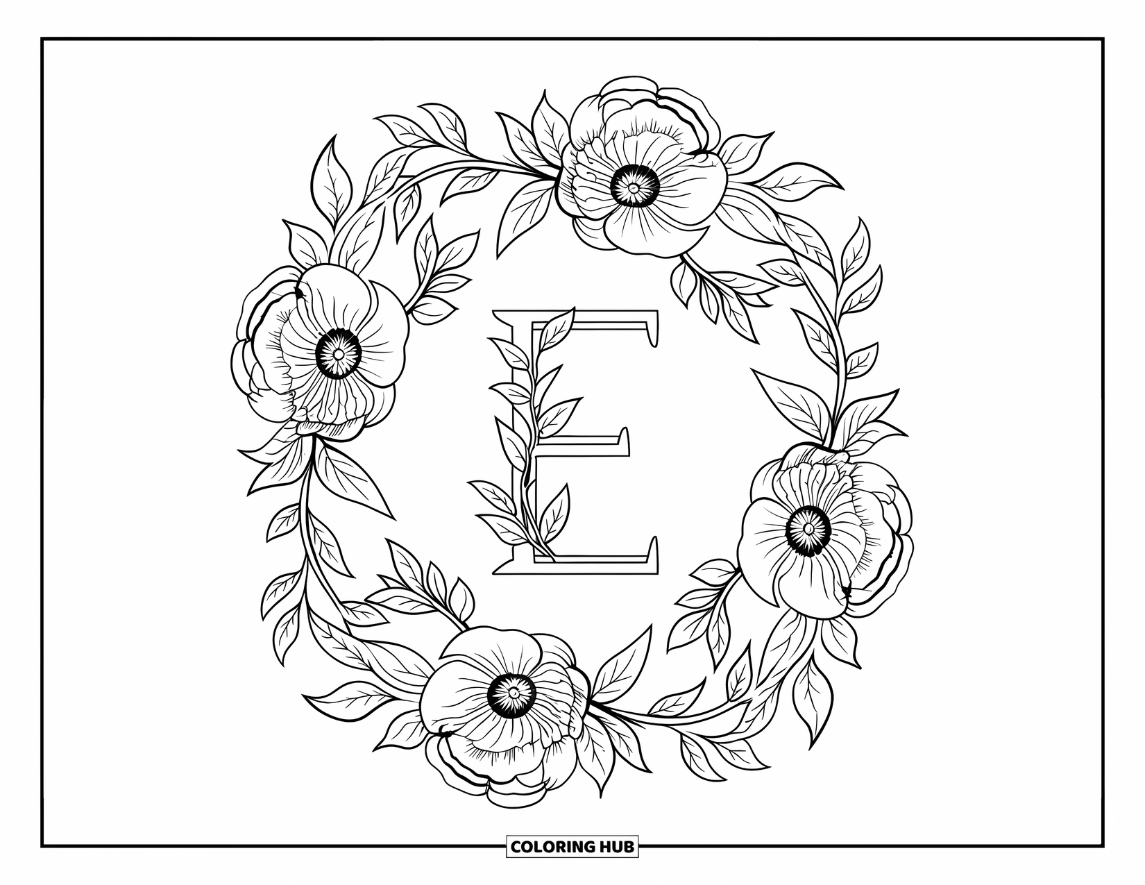 Letter E Coloring Page for Adults: E is framed by a floral wreath of peonies and little leaves
