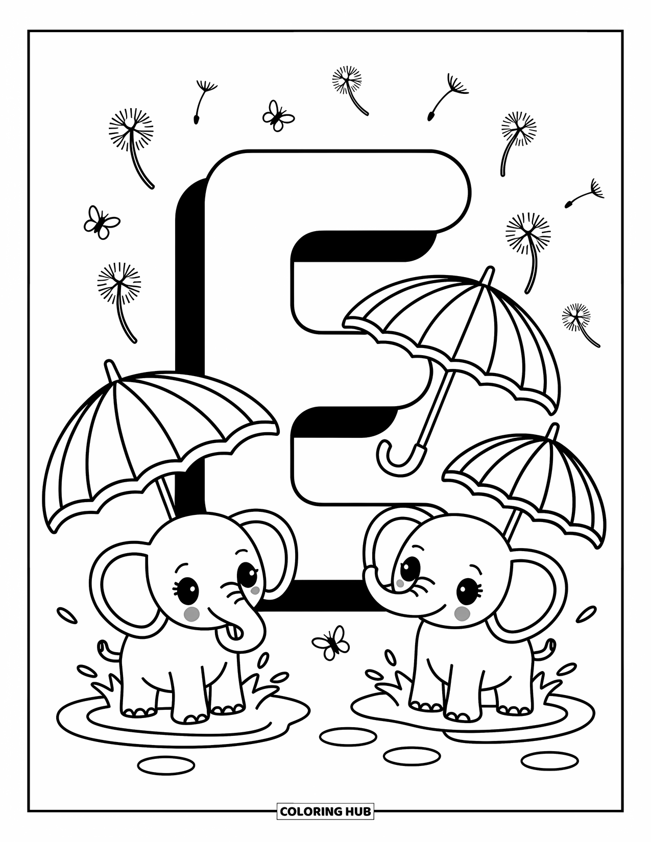 Letter E Coloring Page for Adults: E is surrounded by elephants with umbrellas, puddles, and floating dandelion puffs