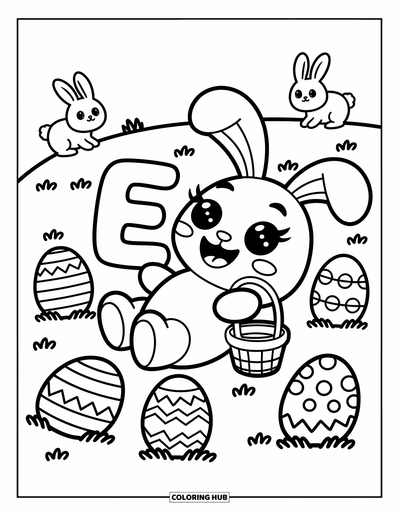 Letter E Coloring Page for Adults: E lounges at an Easter egg hunt with patterned eggs, bunnies, and a tiny basket