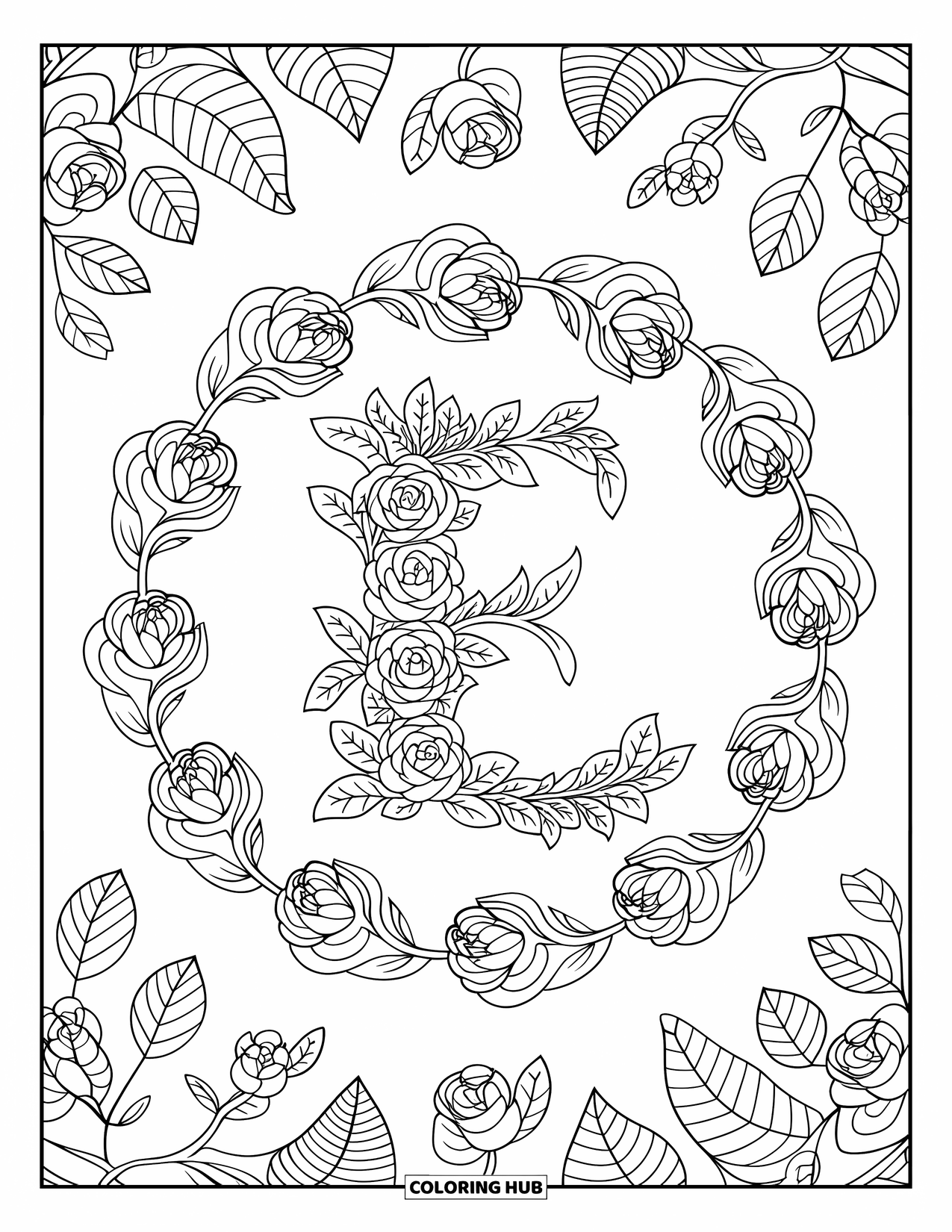 Letter E Coloring Page for Adults: E rests in a circular rose-filled mandala with leafy accents