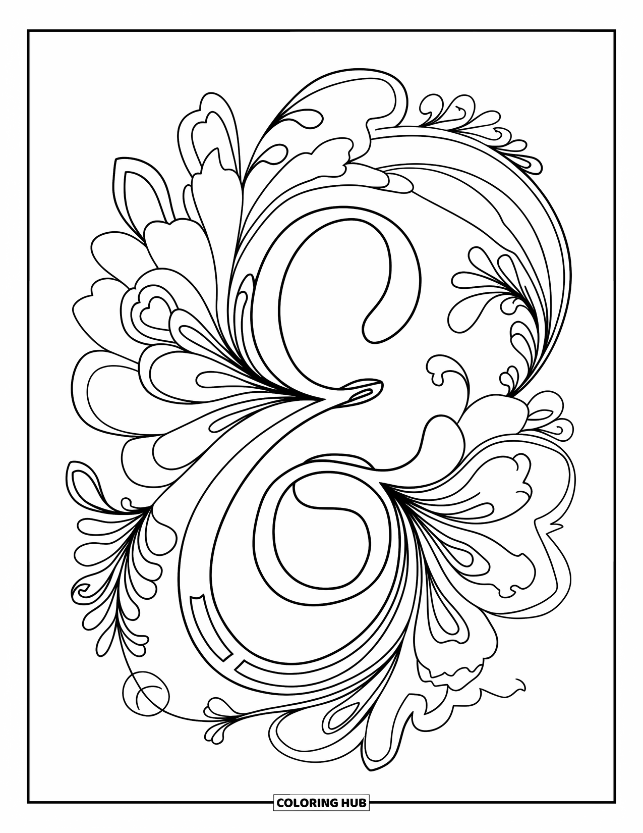 Letter E Coloring Page for Adults: E rests in the middle of elegant paisley patterns and delicate flowers
