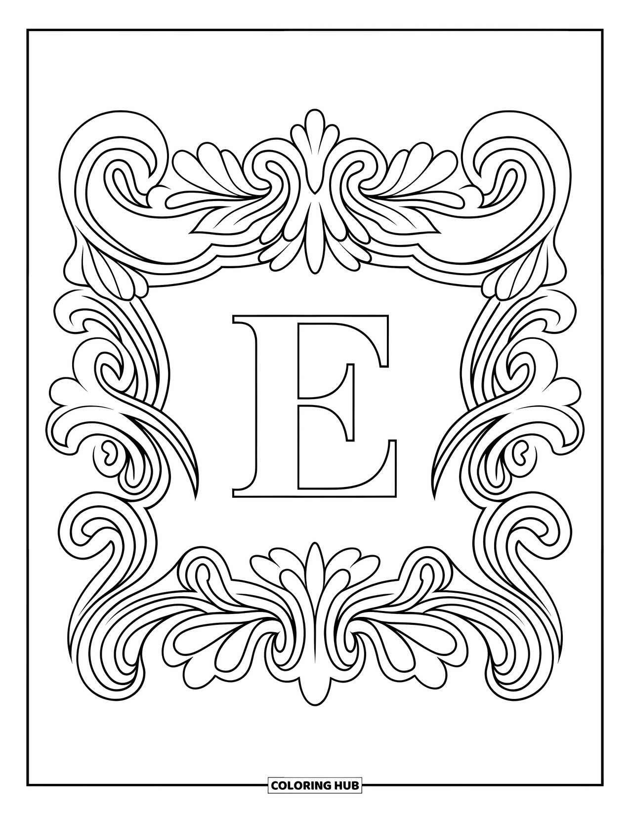 Letter E Coloring Page for Adults: E rests inside an ornate baroque frame with curling leaves and flourishes