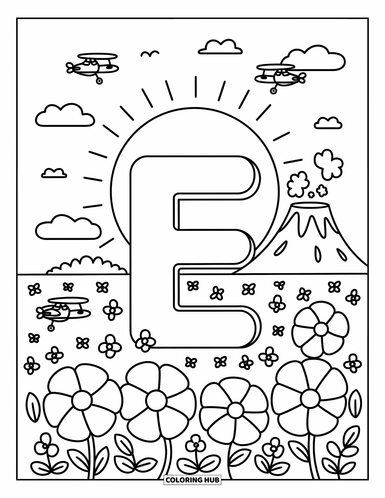Letter E Coloring Page for Adults: E rises near a volcano with explorer planes above and exotic flowers below