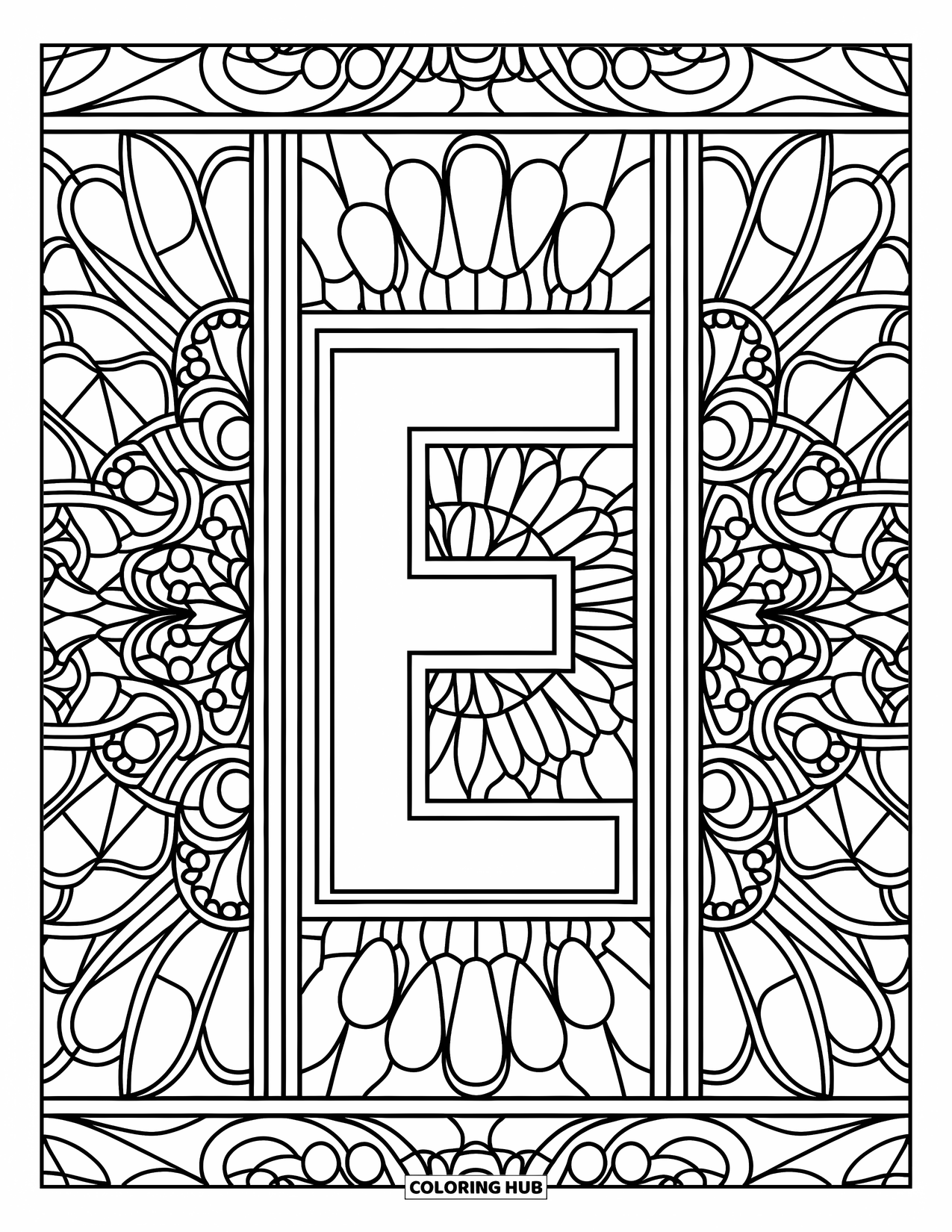 Letter E Coloring Page for Adults: E shines at the center of symmetrical stained glass with sunburst designs