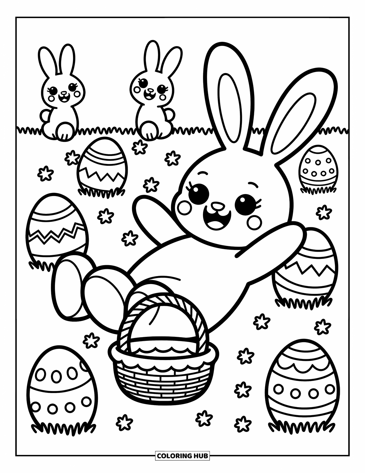 Letter E Coloring Page for Adults: E sits among joyful eggs with two bunnies hopping nearby and a tiny basket close
