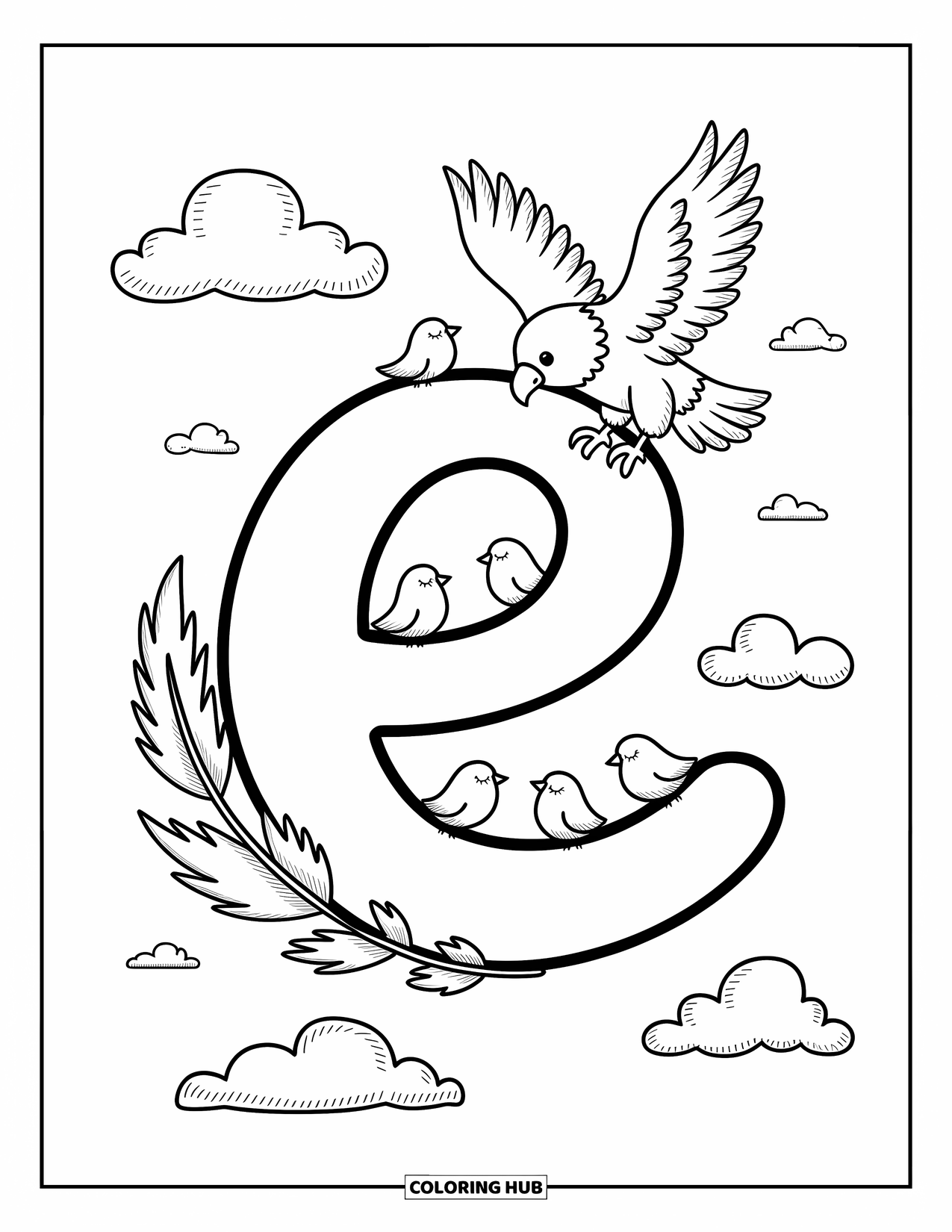 Letter E Coloring Page for Adults: Floating among clouds, e hosts tiny birds while an eagle soars nearby