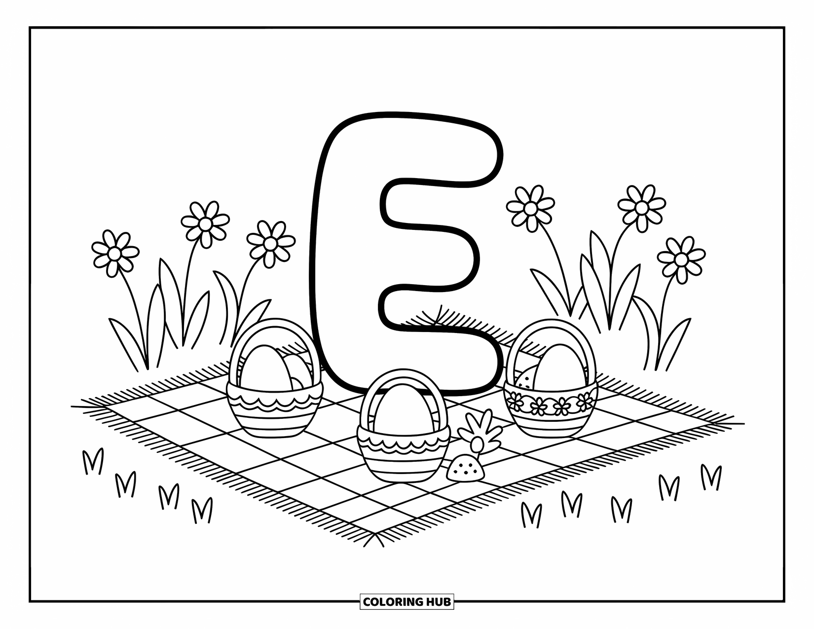 Letter E Coloring Page for Adults: Letter E enjoys a breezy picnic with eggs, baskets, and swaying blossoms