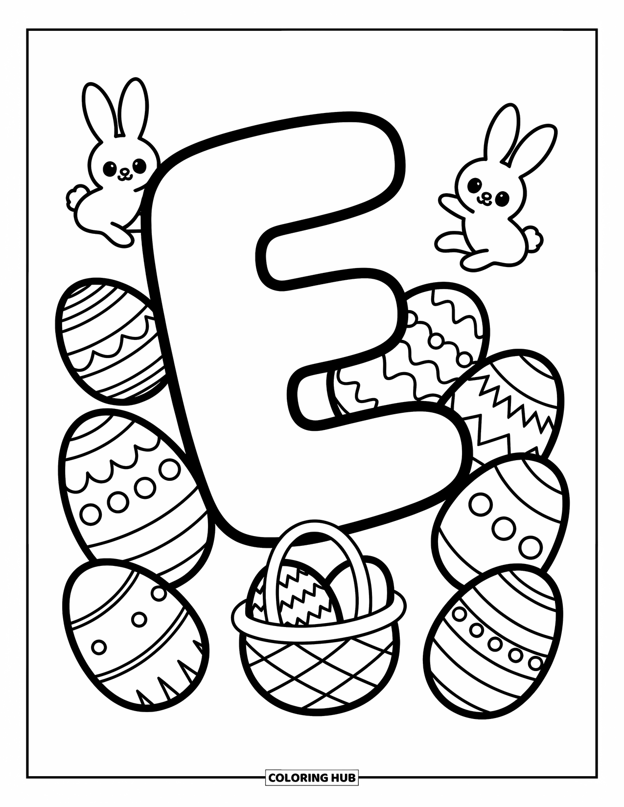 Letter E Coloring Page for Adults: Letter E joins a festive egg hunt with bunnies, patterned eggs, and a cozy basket