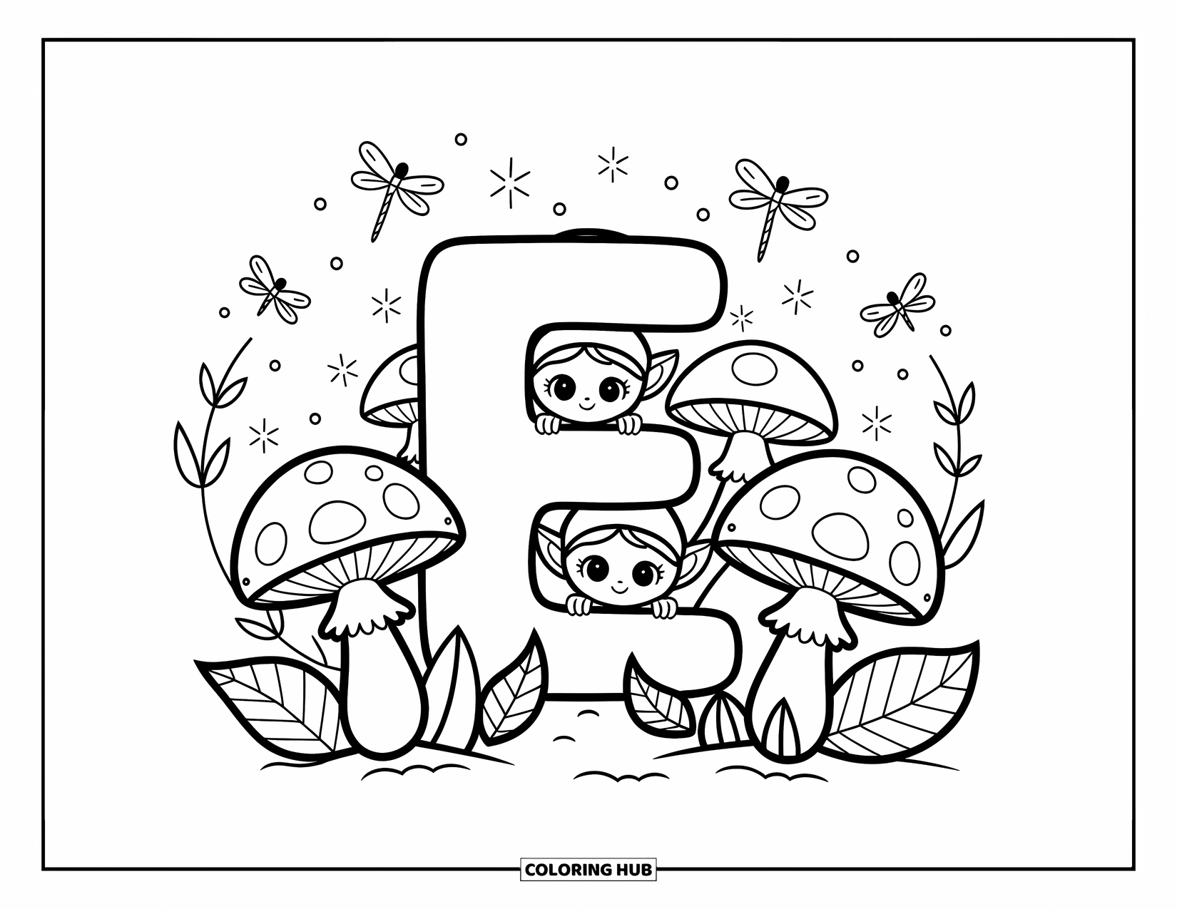 Letter E Coloring Page for Adults: Magical elves peek from mushrooms as fireflies dance around the letter E in a forest
