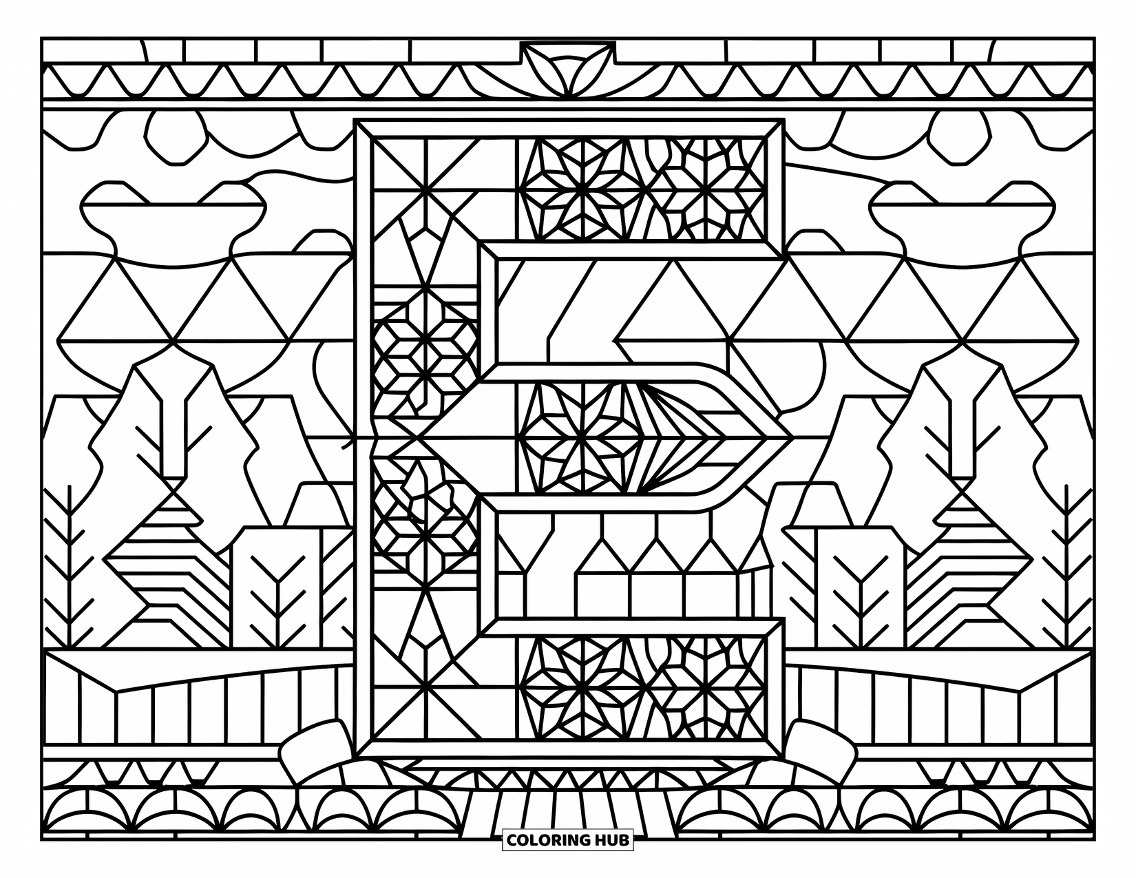 Letter E Coloring Page for Adults: Modern E sits in stained glass with floral, diamond, and star designs