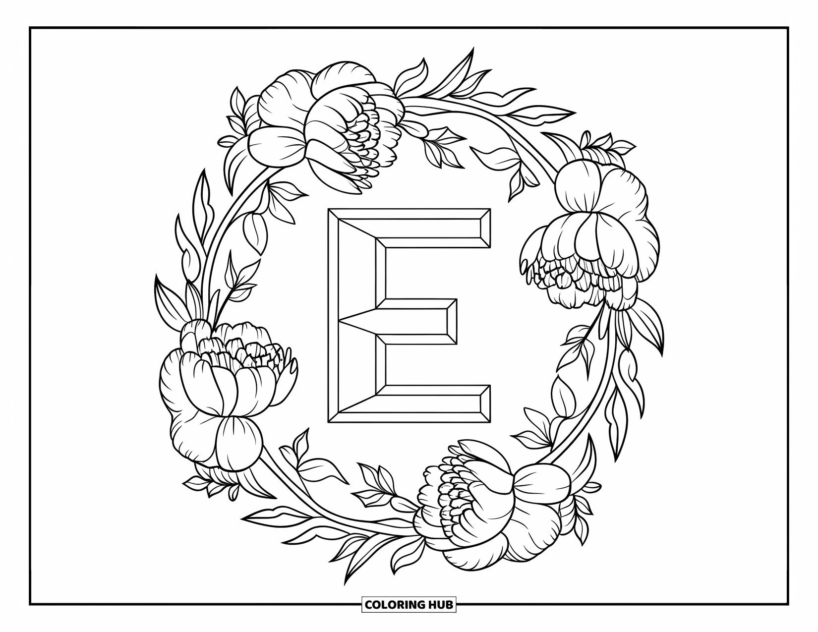 Letter E Coloring Page for Adults: Peonies and tiny leaves form a wreath around the letter E
