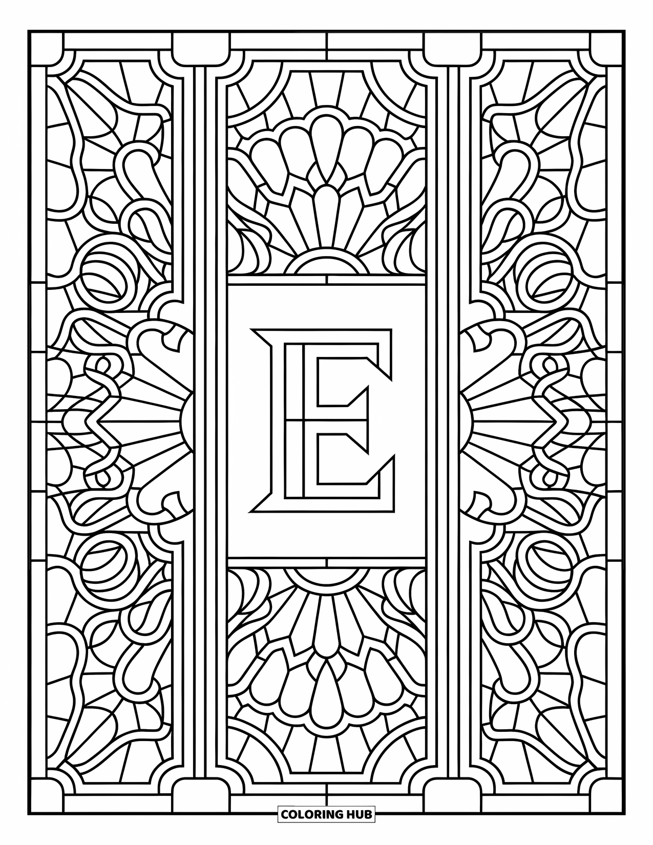 Letter E Coloring Page for Adults: Stained glass shapes of vines and sunbursts wrap around a capital E