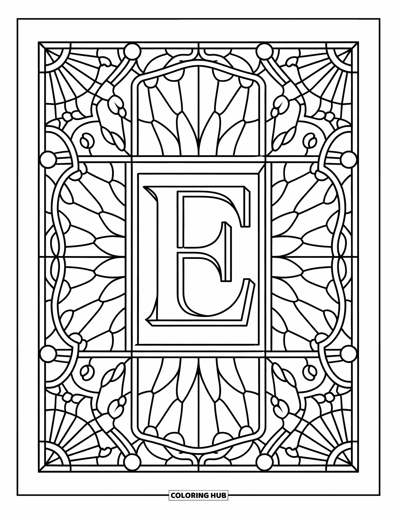Letter E Coloring Page for Adults: Sunburst and vine panels frame a bold E in a stained glass style