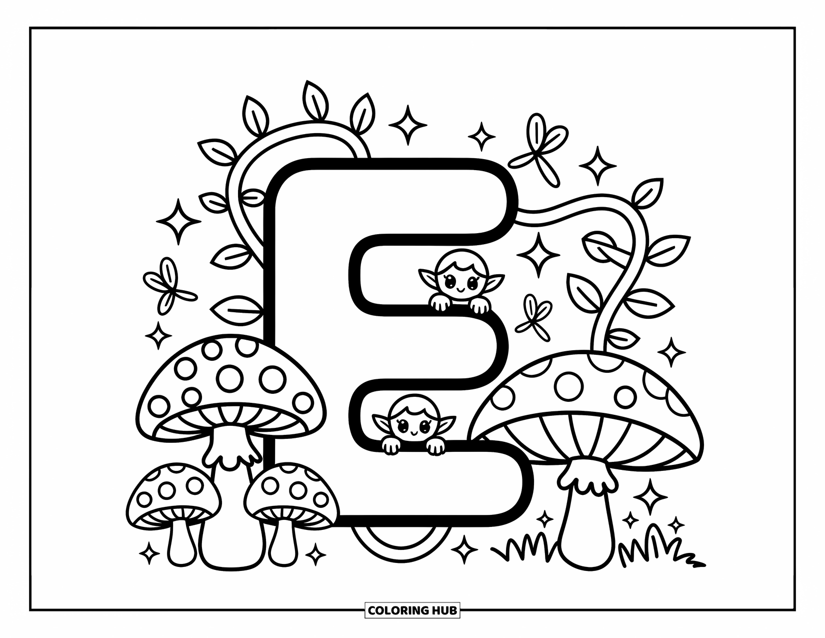 Letter E Coloring Page for Adults: The letter E is surrounded by mushrooms, elves, fireflies, and curling forest vines