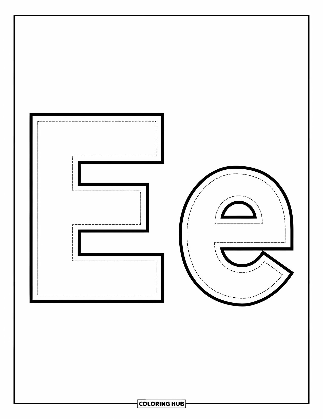 Letter E Coloring Page for Kids: A big E and small e appear in dotted lines for tracing fun