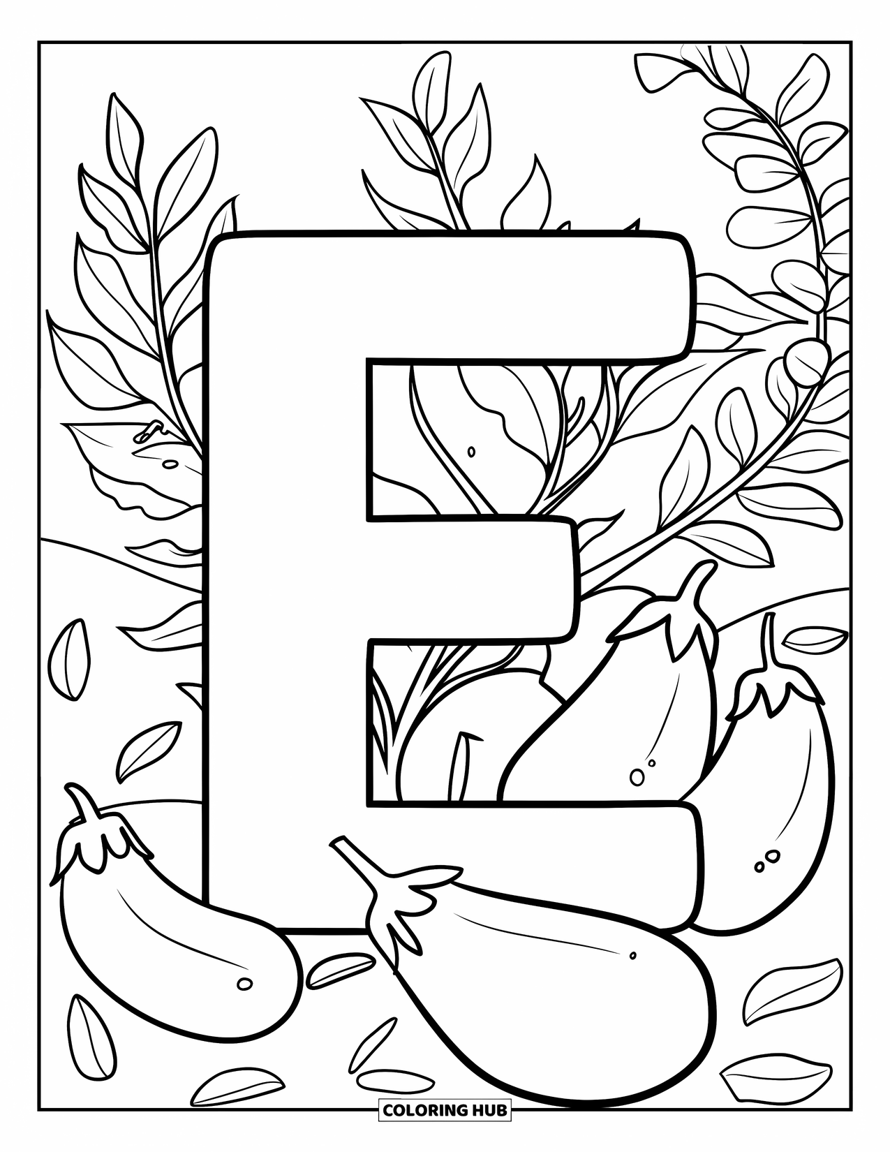 Letter E Coloring Page for Kids: A big E sits among eggplants and eucalyptus in a peaceful garden