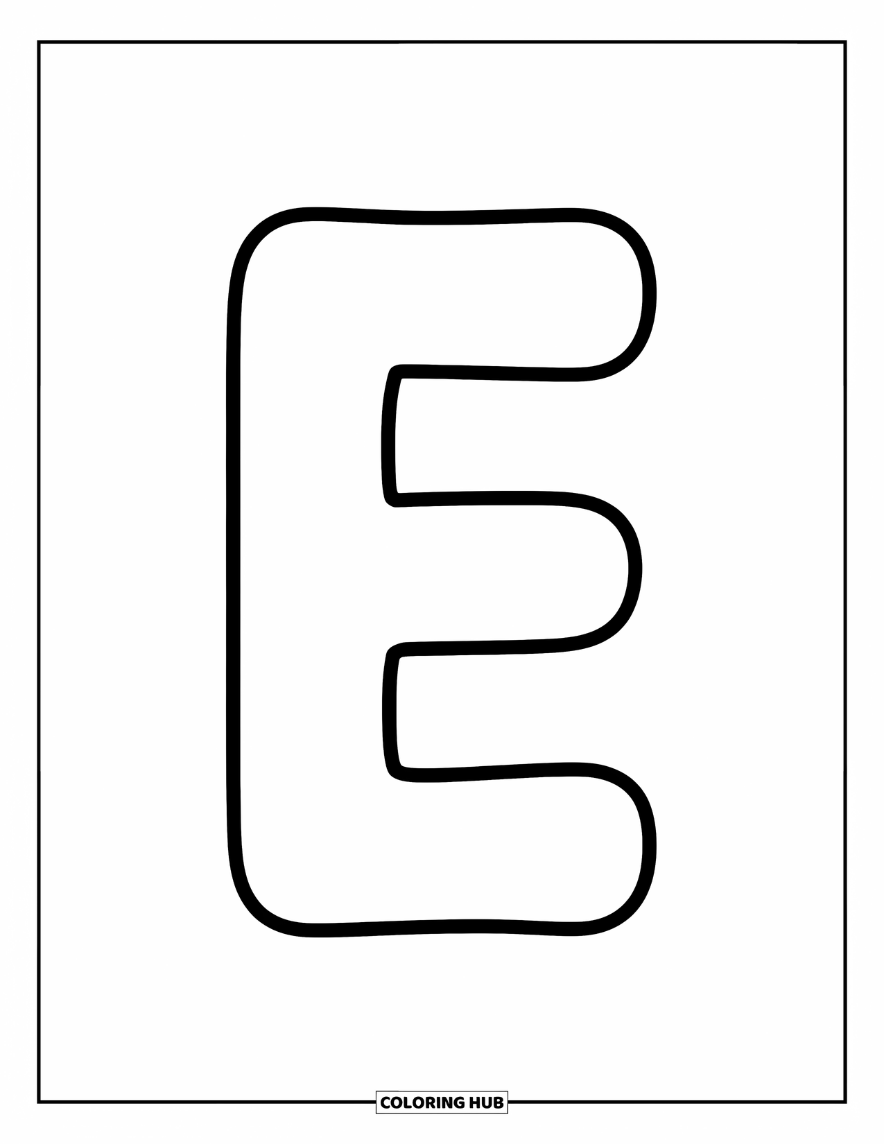 Letter E Coloring Page for Kids: A bold lowercase e sits in the center, simple and fun to color