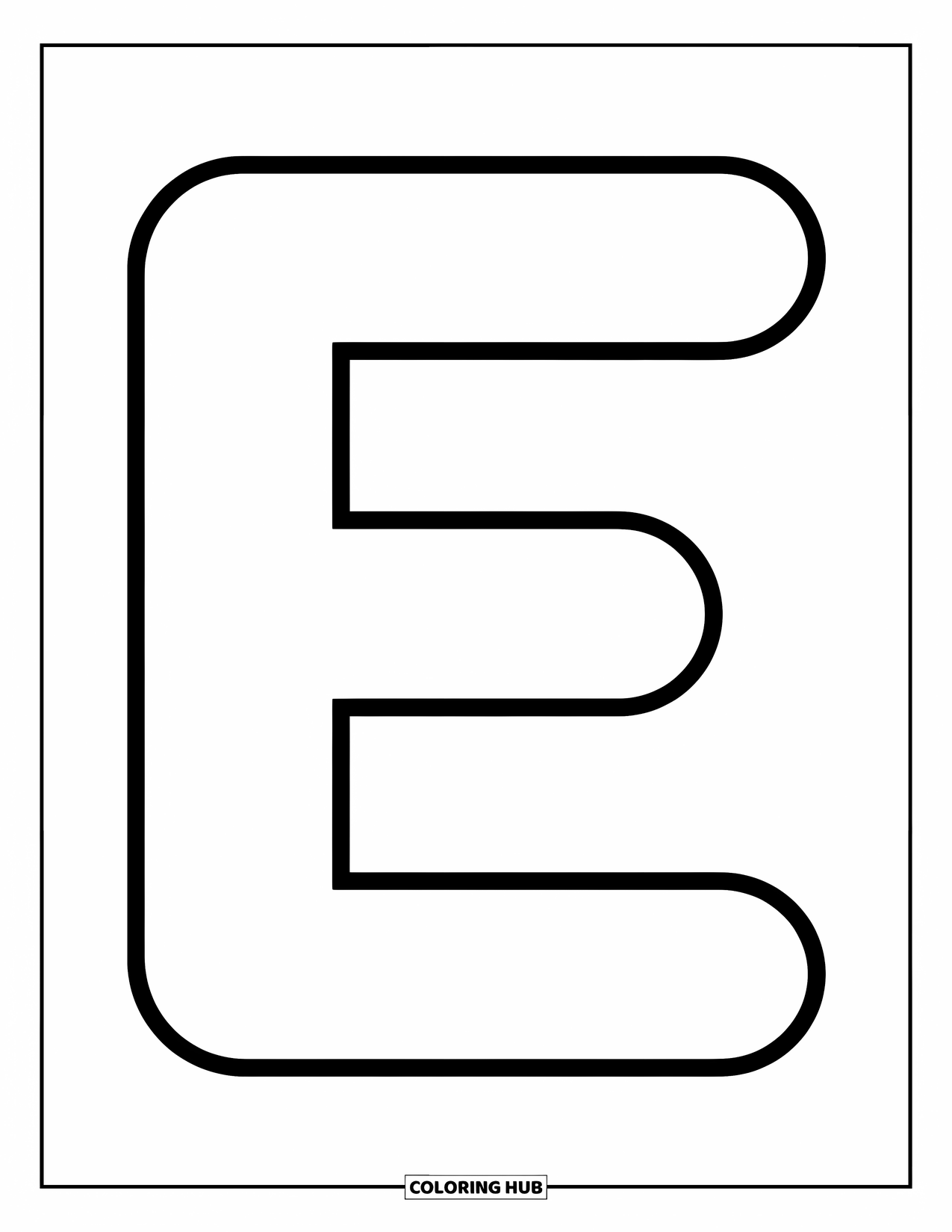 Letter E Coloring Page for Kids: A bold uppercase E is centered on the page for easy preschool coloring