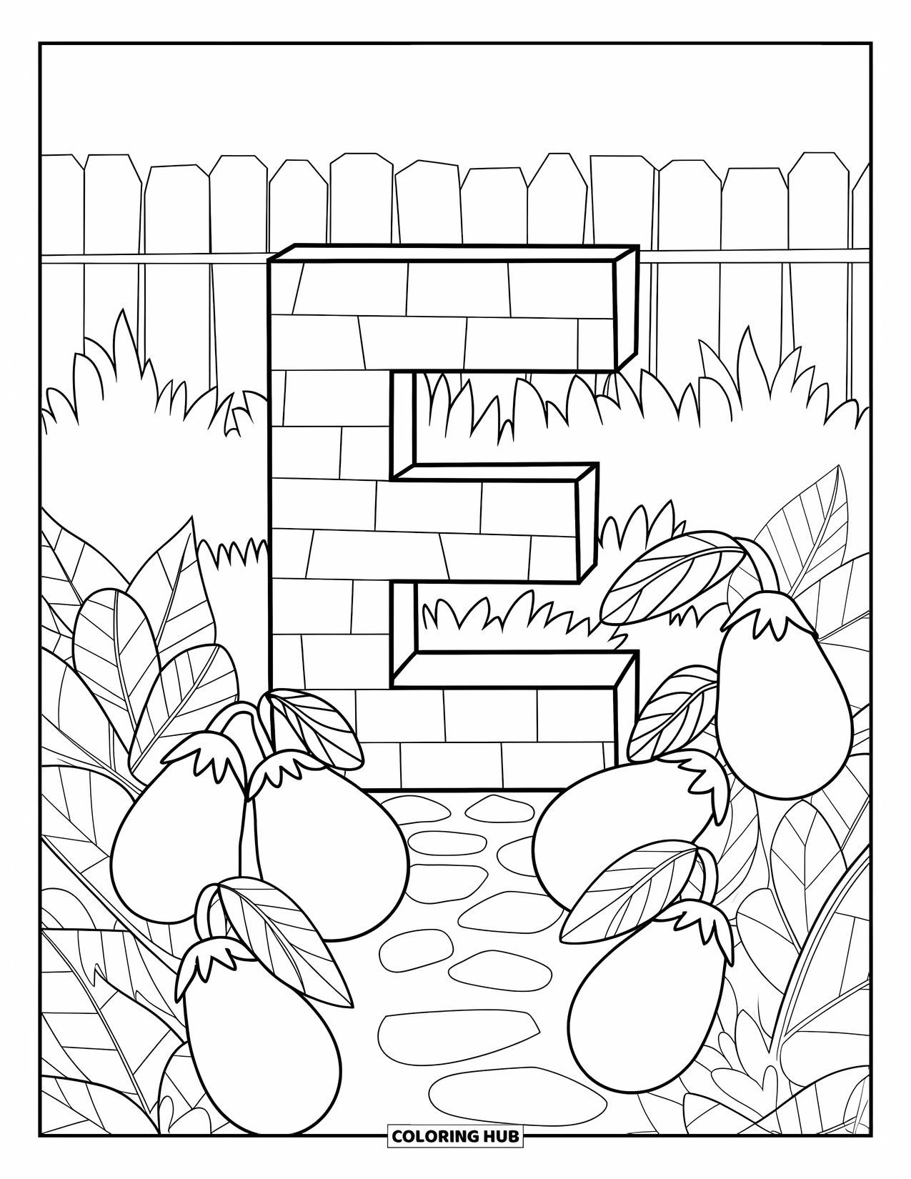 Letter E Coloring Page for Kids: A brick E stands in a garden of eggplants and eucalyptus with a stone path