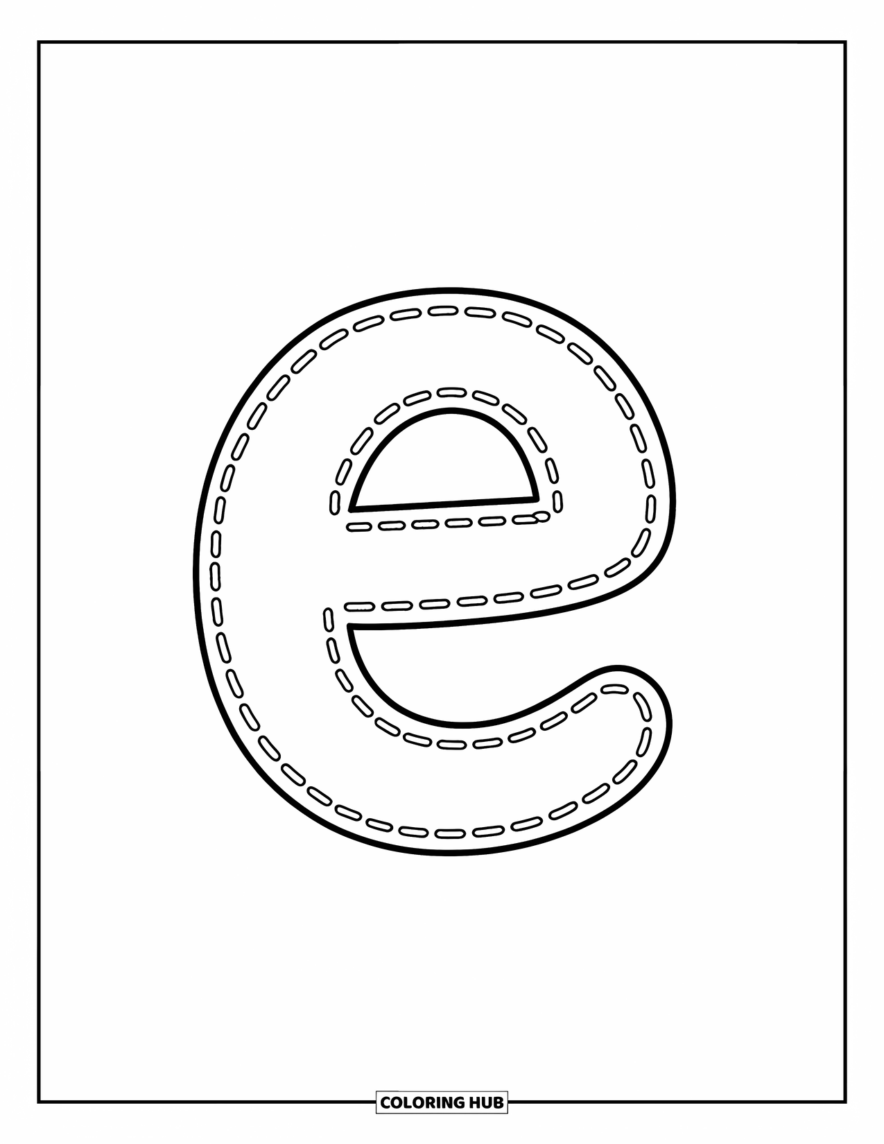 Letter E Coloring Page for Kids: A cheerful dotted e helps kids trace with ease