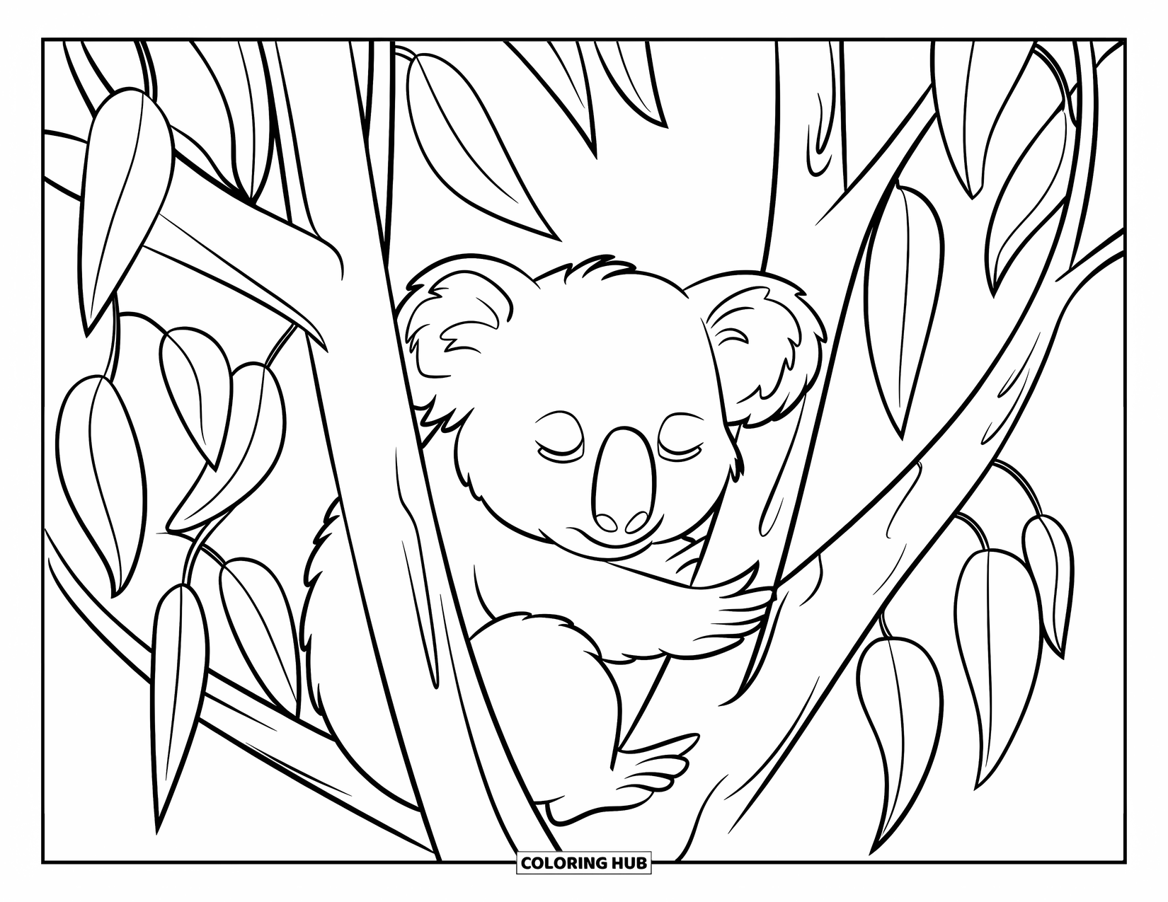 Letter E Coloring Page for Kids: A cozy koala rests on a tree trunk surrounded by large curving leaves