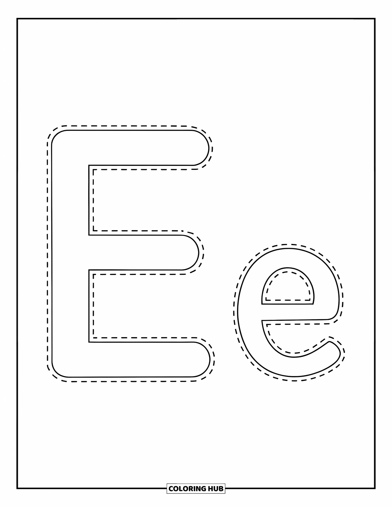 Letter E Coloring Page for Kids: A dotted letter E and e are side by side for easy tracing