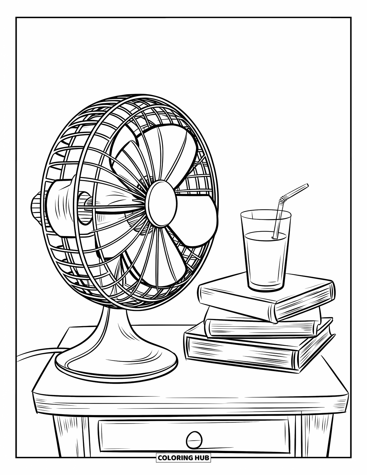 Letter E Coloring Page for Kids: A fan hums next to books and juice on a wooden table