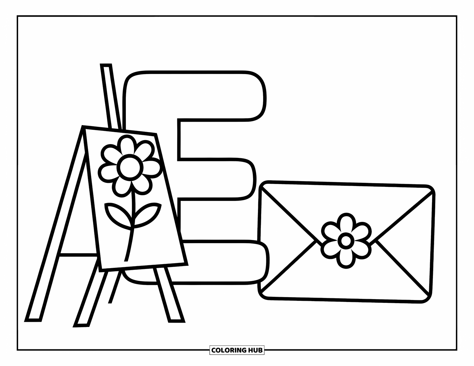 Letter E Coloring Page for Kids: A flower painting and envelope join E and e in a playful scene