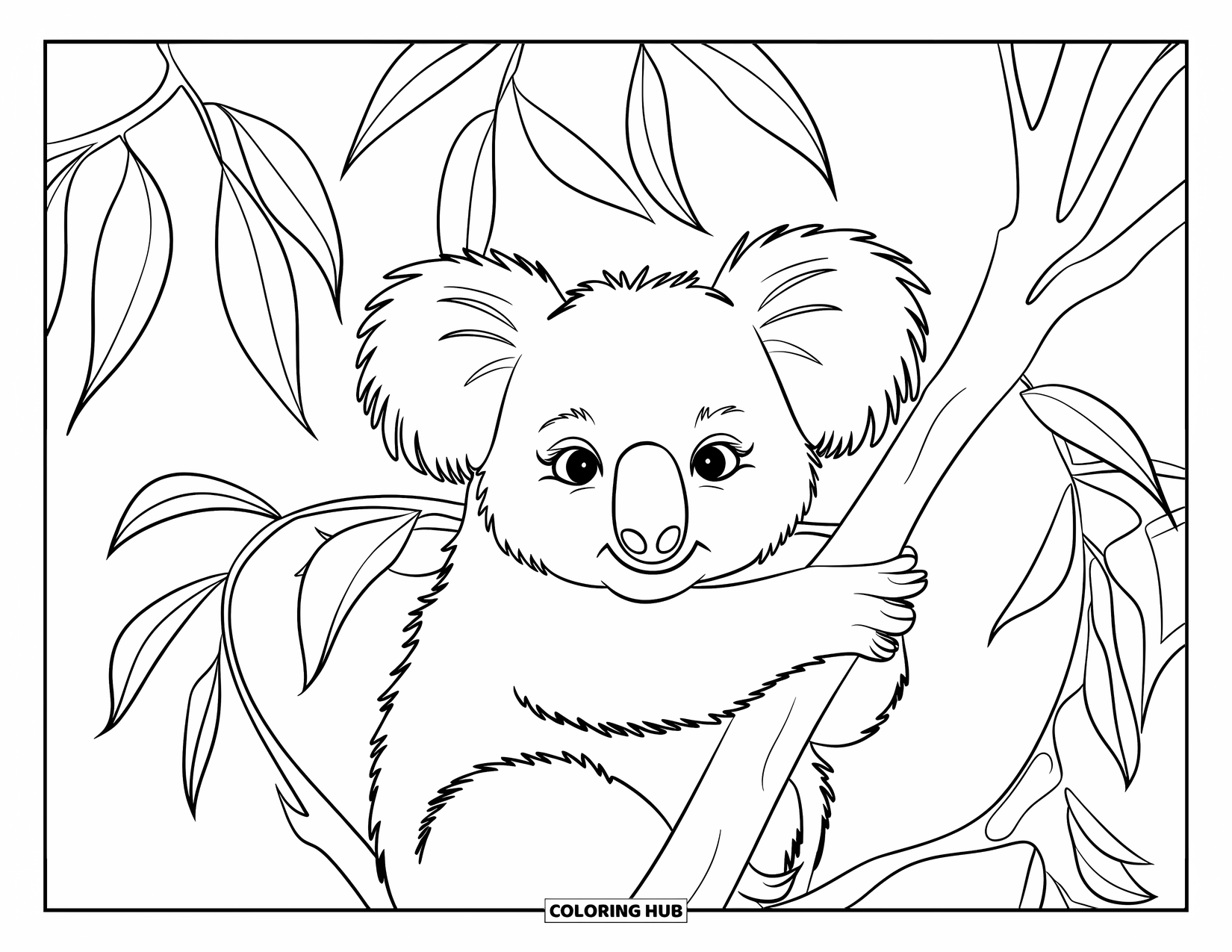 Letter E Coloring Page for Kids: A sleepy koala hugs a tree branch while leaves gently sway around it