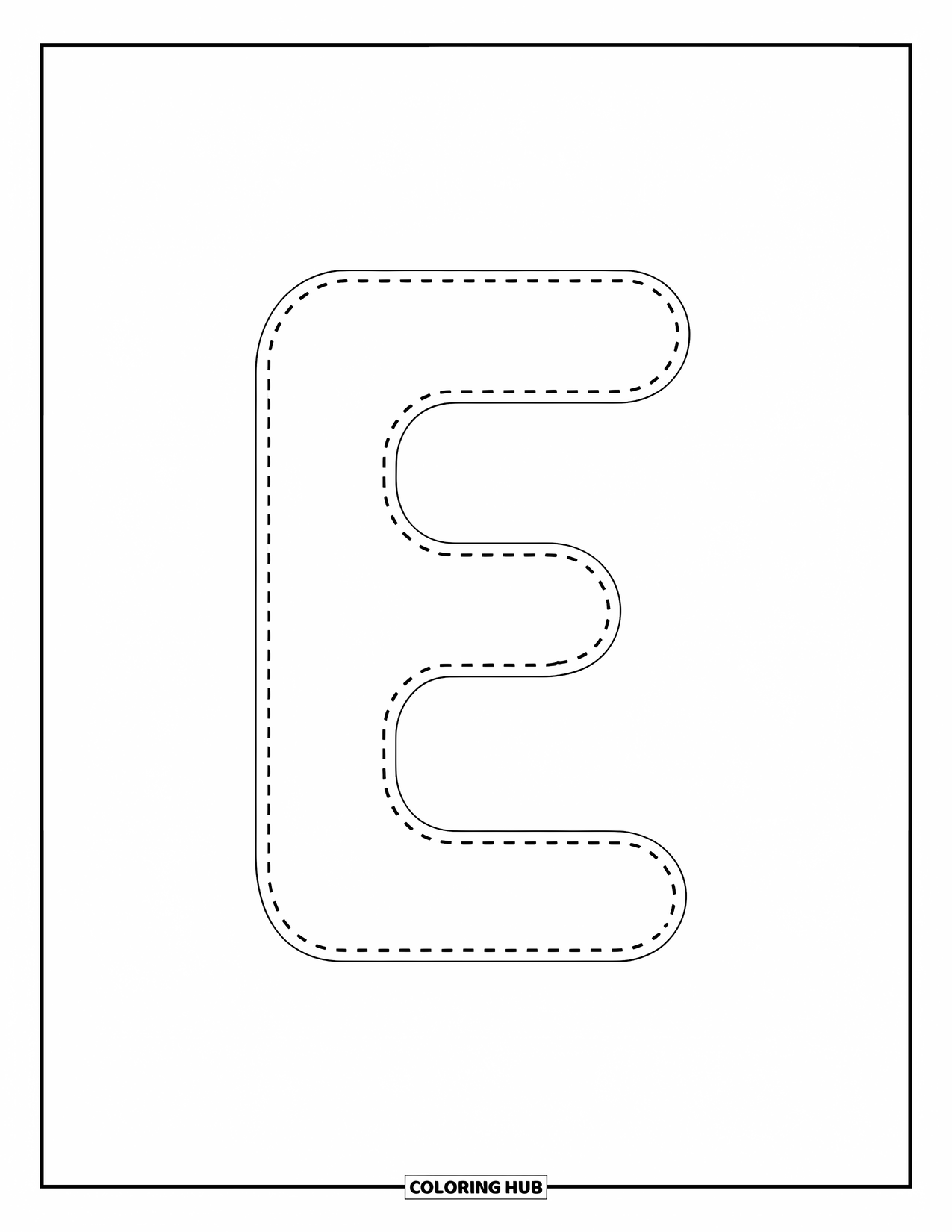 Letter E Coloring Page for Kids: A small e in dotted style sits on a line for tracing