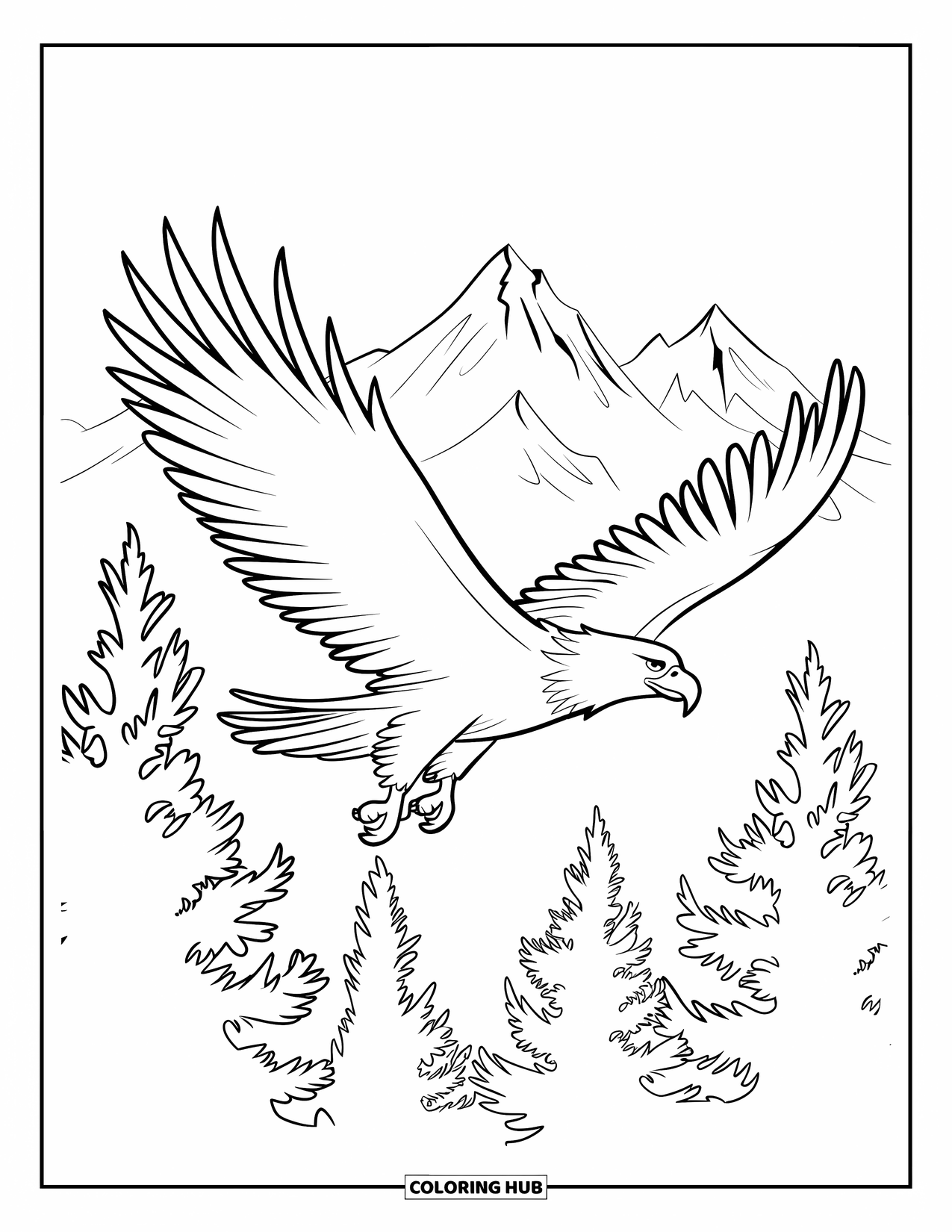 Letter E Coloring Page for Kids: A soaring eagle passes tall pines with snowy mountains beyond
