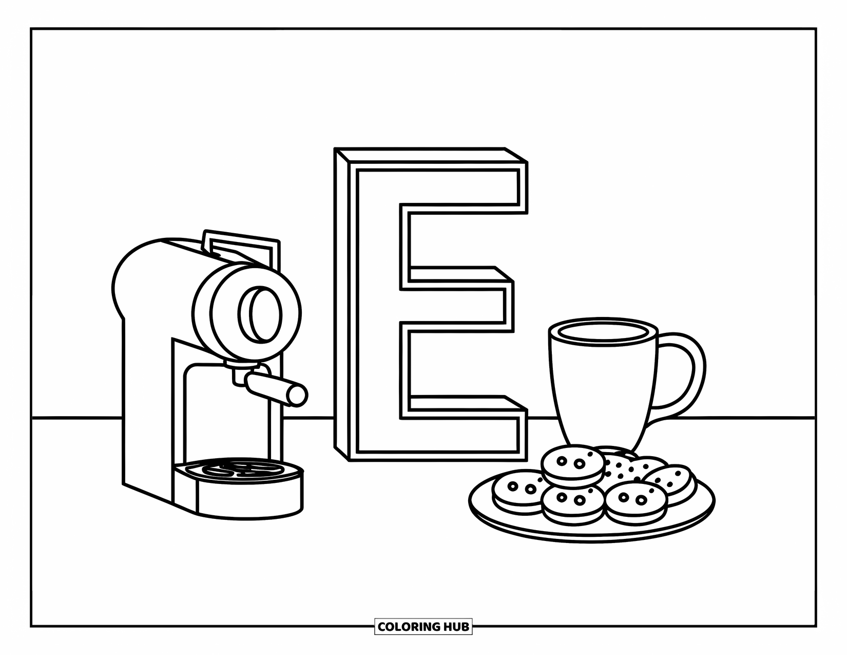Letter E Coloring Page for Kids: A tall letter E stands by an espresso machine, mug, and mini cookies