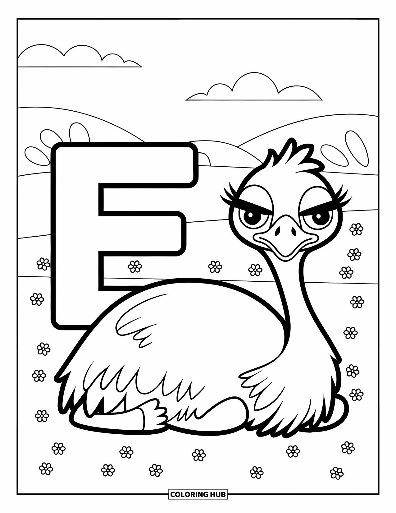 Letter E Coloring Page for Kids: A tired emu rests next to a big E in a breezy flower-filled field