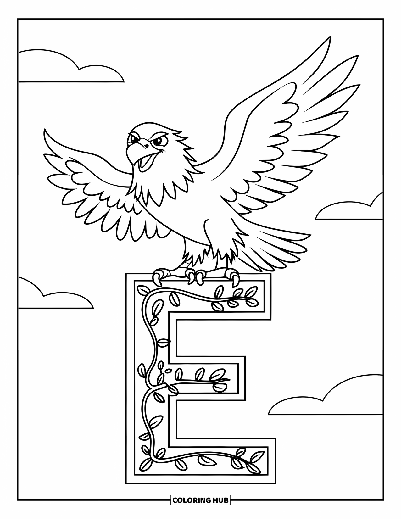 Letter E Coloring Page for Kids: An eagle perches on a fancy letter E decorated with vines and clouds