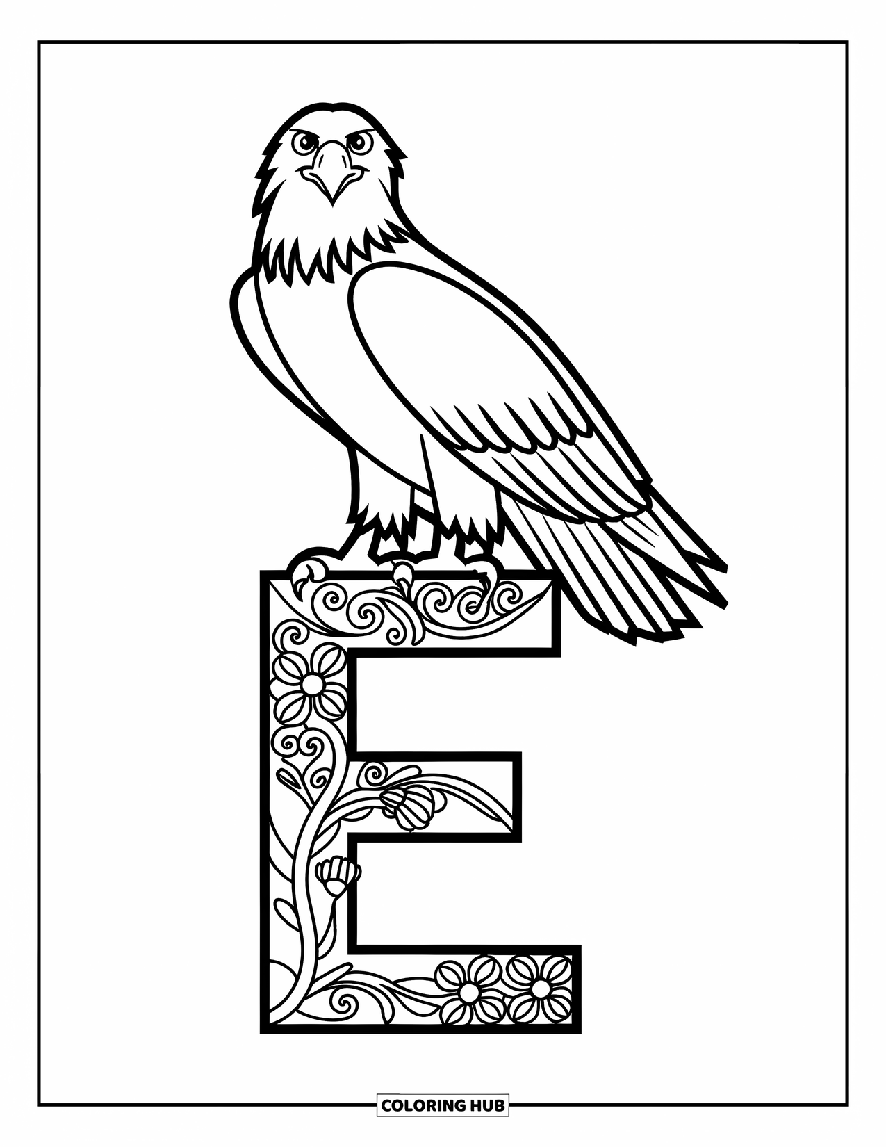 Letter E Coloring Page for Kids: An eagle sits atop a swirly letter E filled with floral designs