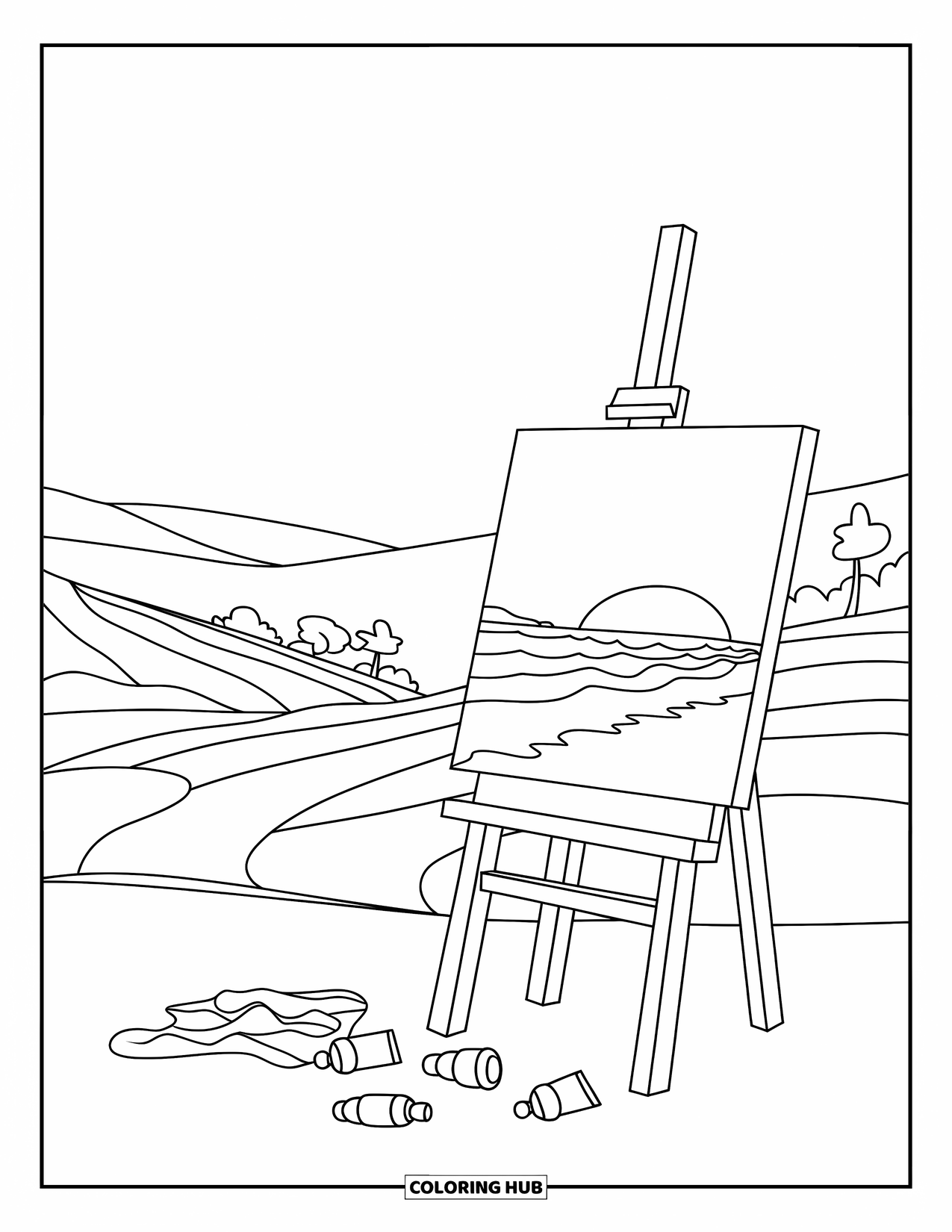 Letter E Coloring Page for Kids: An easel holds a sunset painting beside trees, hills, and scattered paints