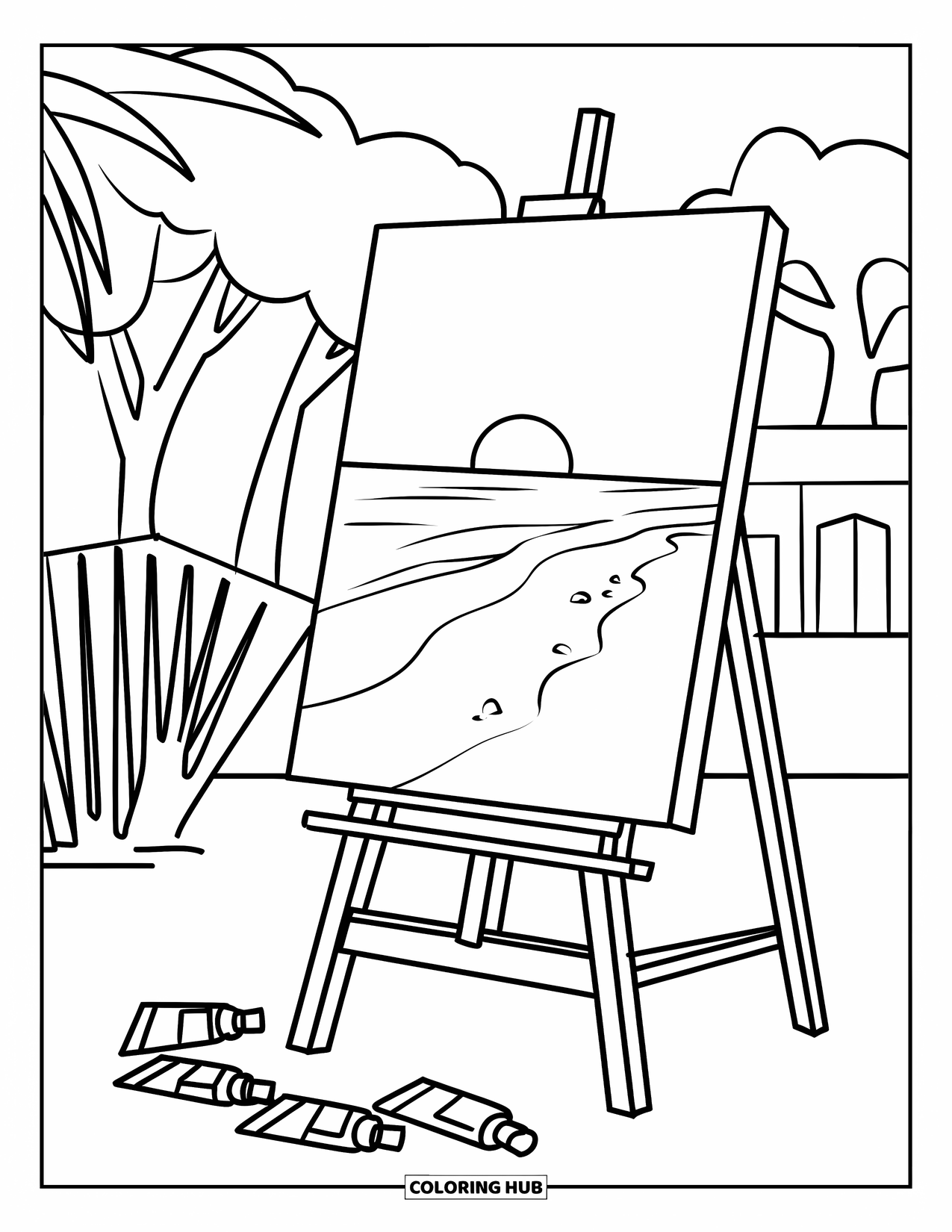 Letter E Coloring Page for Kids: An easel shows a beach sunset painting with paint tubes below
