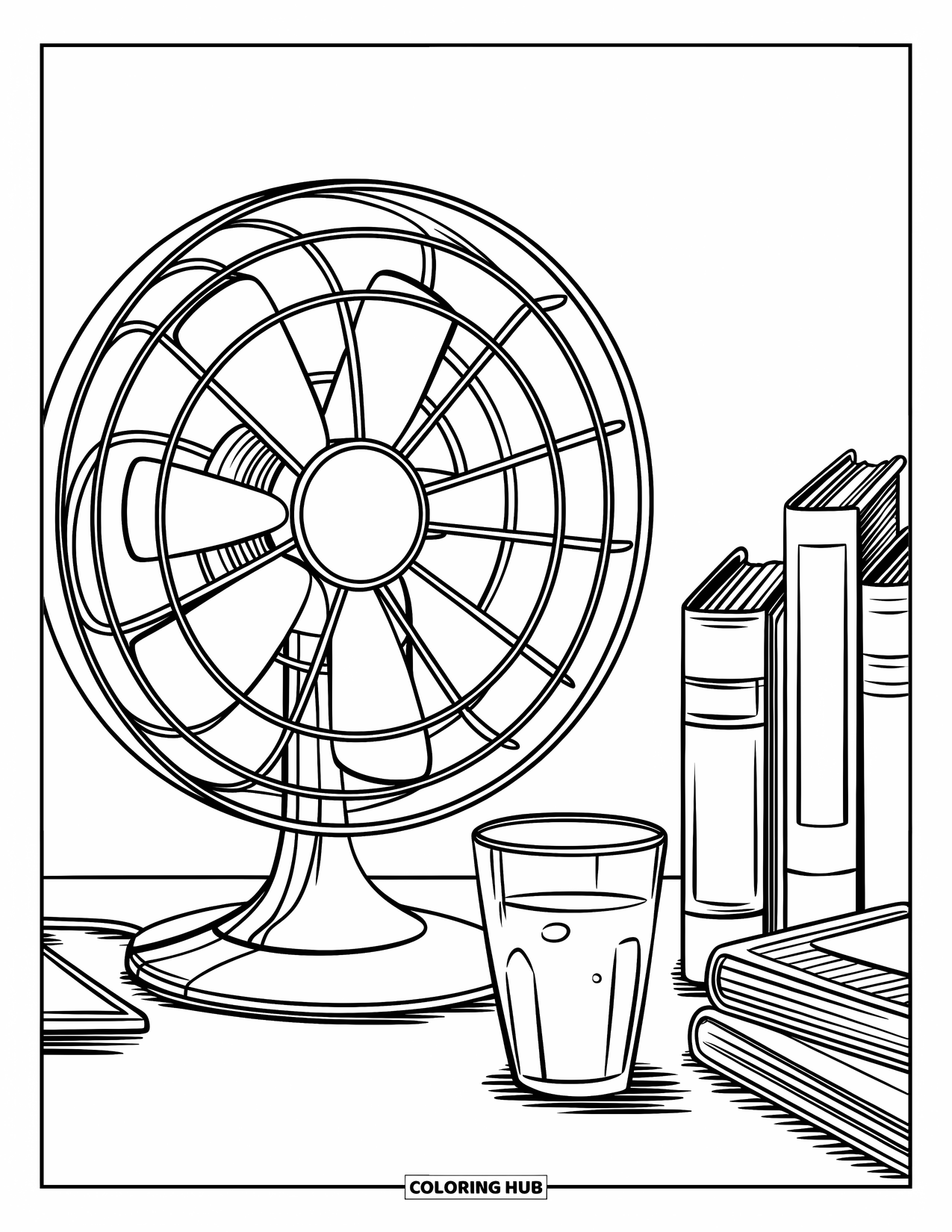 Letter E Coloring Page for Kids: An electric fan spins by a table with books and a refreshing drink