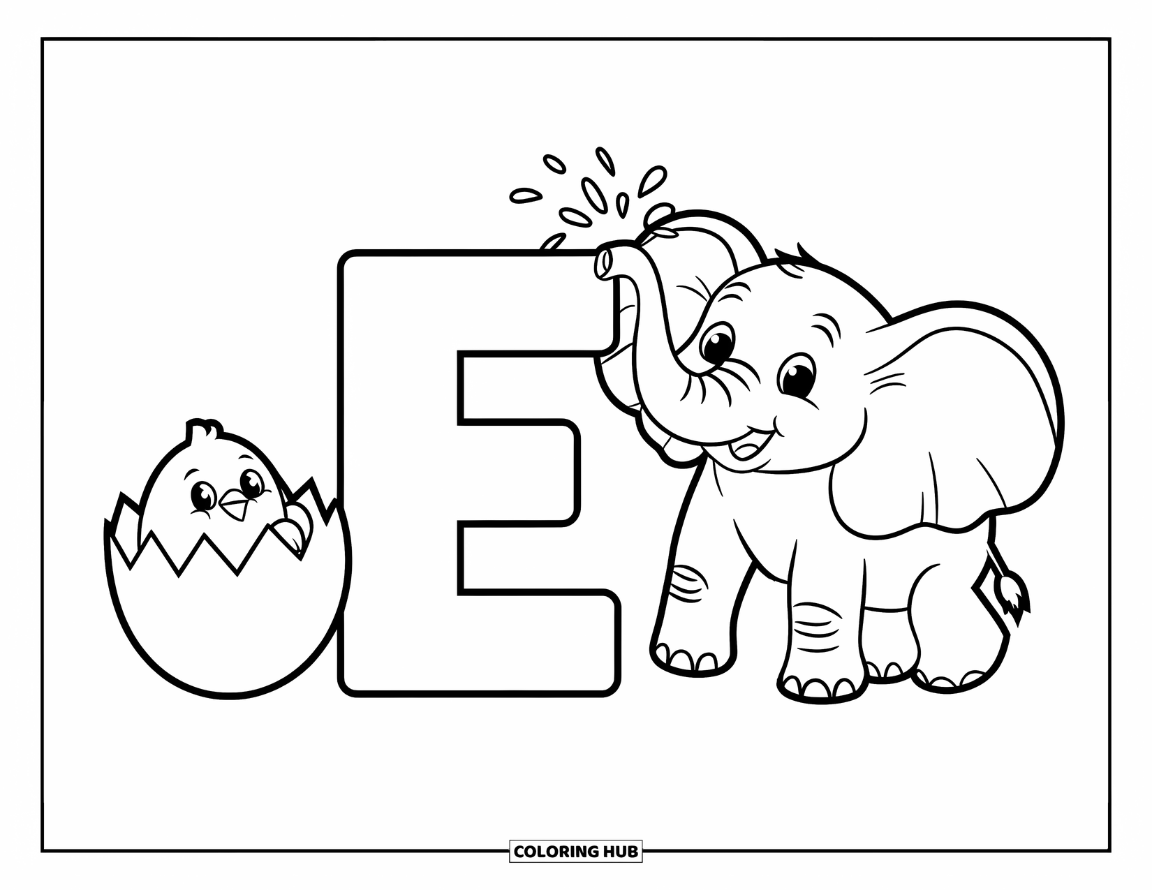 Letter E Coloring Page for Kids: An elephant sprays water beside E, with a chick peeking from an egg near e